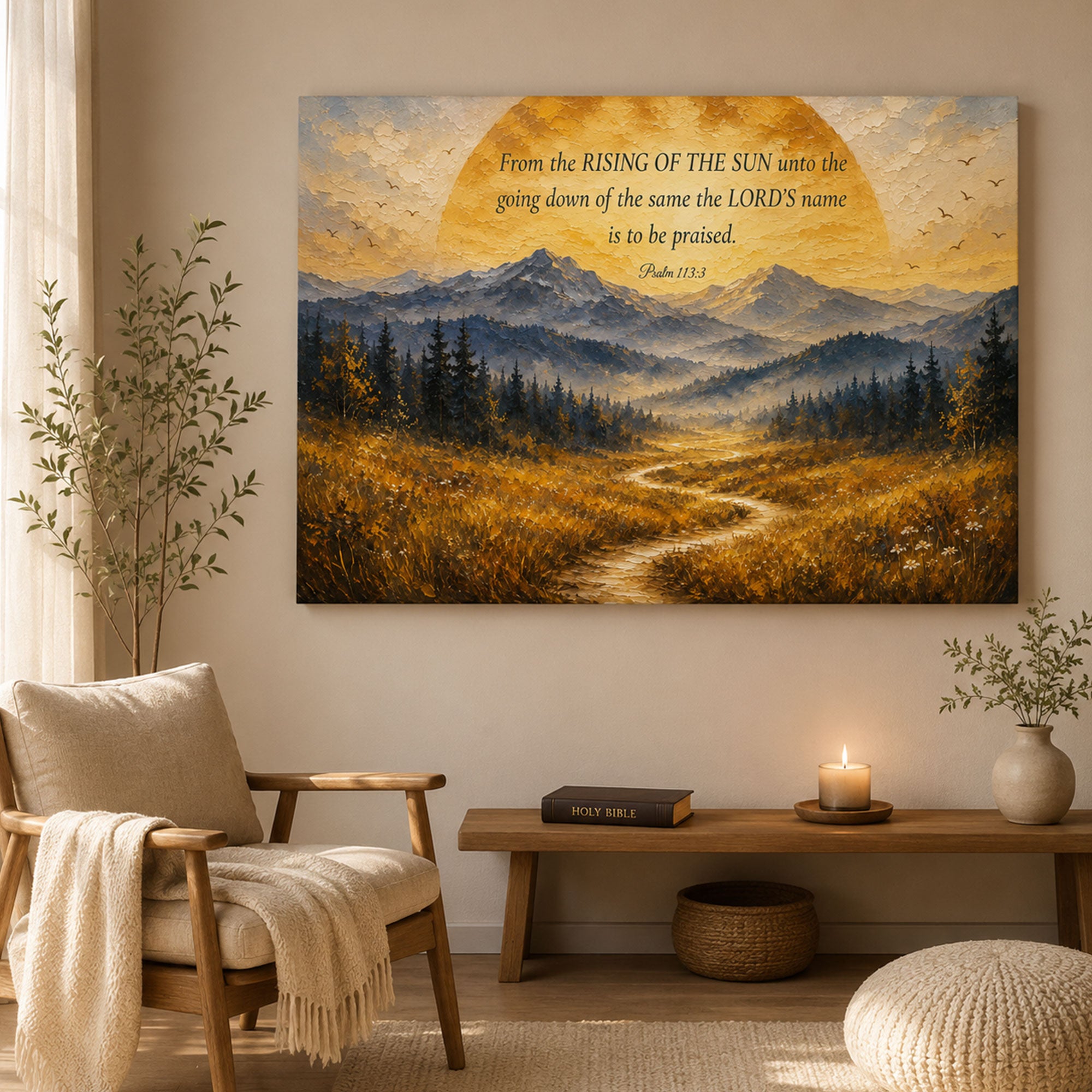 From the Rising of the Sun Psalm 113:3 Canvas Print, Christian Scripture Wall Art, Mountain Sunrise Faith Home Decor