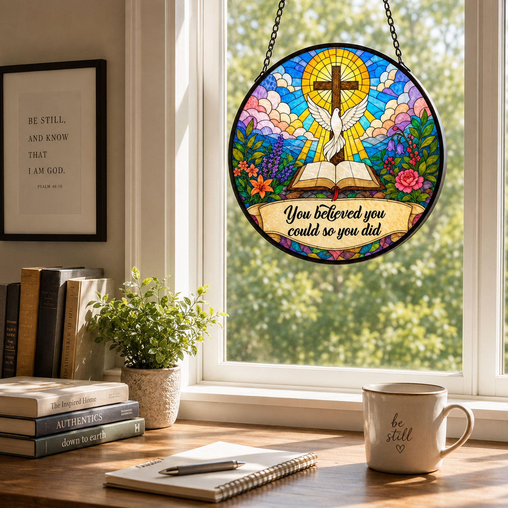Christian Cross and Dove Suncatcher, Inspirational Faith Window Hanging, You Believed You Could So You Did Gift