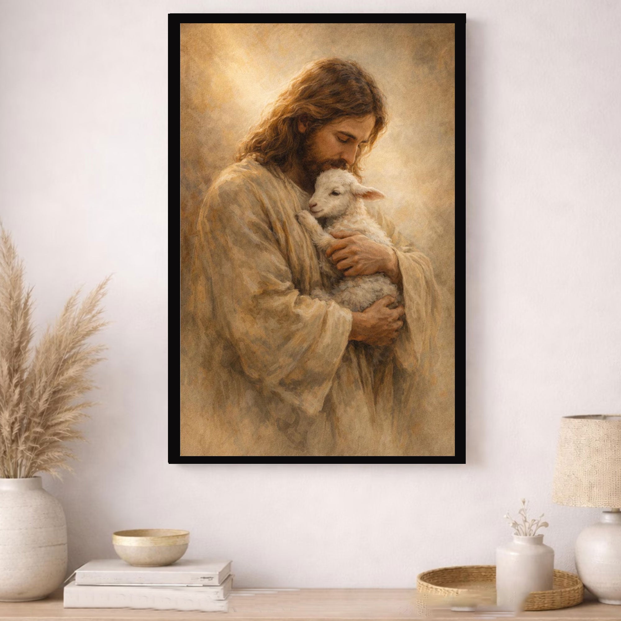 Jesus Holding Lamb Canvas Print, Good Shepherd Wall Art, Christian Decor, Spiritual Home Artwork