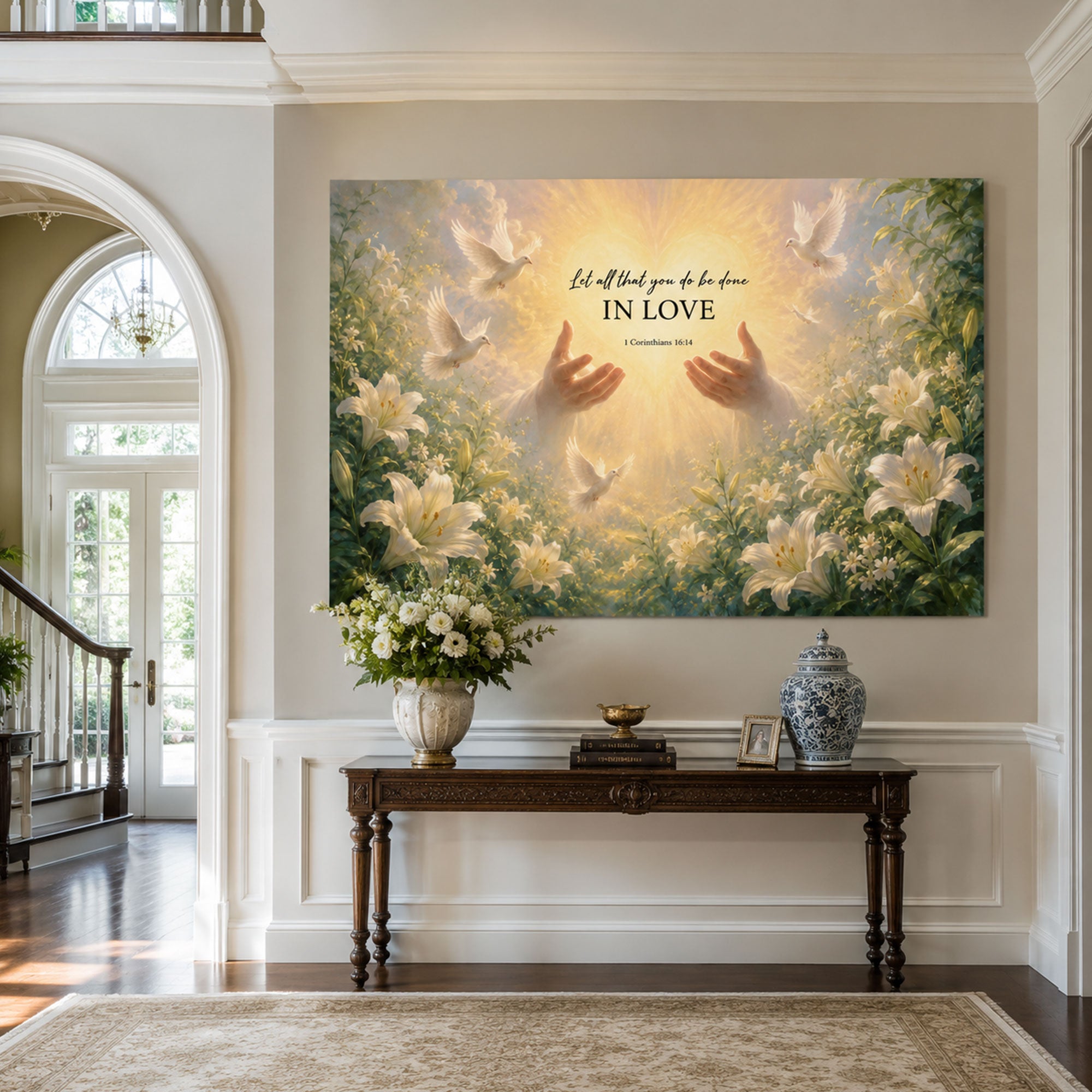 1 Corinthians 16:14 Canvas Print, Let All That You Do Be Done In Love Christian Wall Art, Dove and Lily Faith Decor