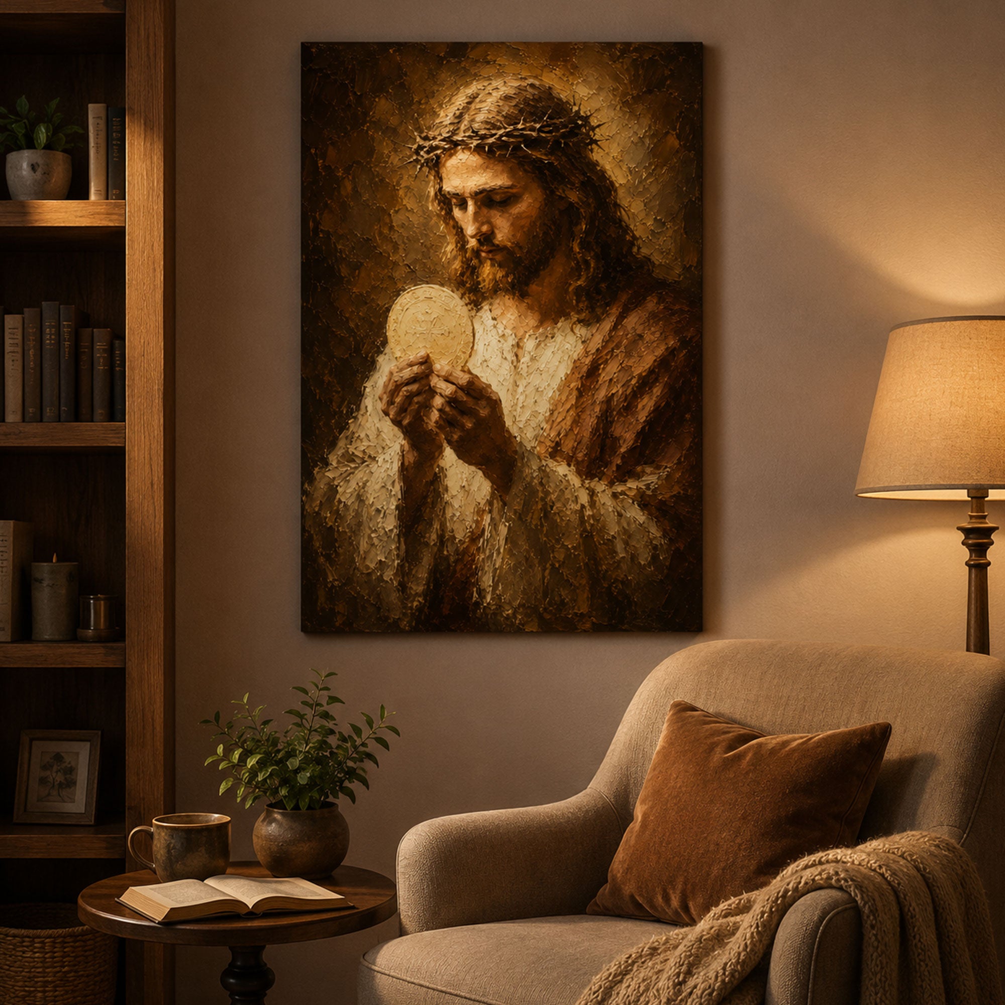 Jesus Holding the Holy Eucharist Canvas Print, Catholic Eucharistic Wall Art, Christ with Sacred Host, Religious Christian Home Decor