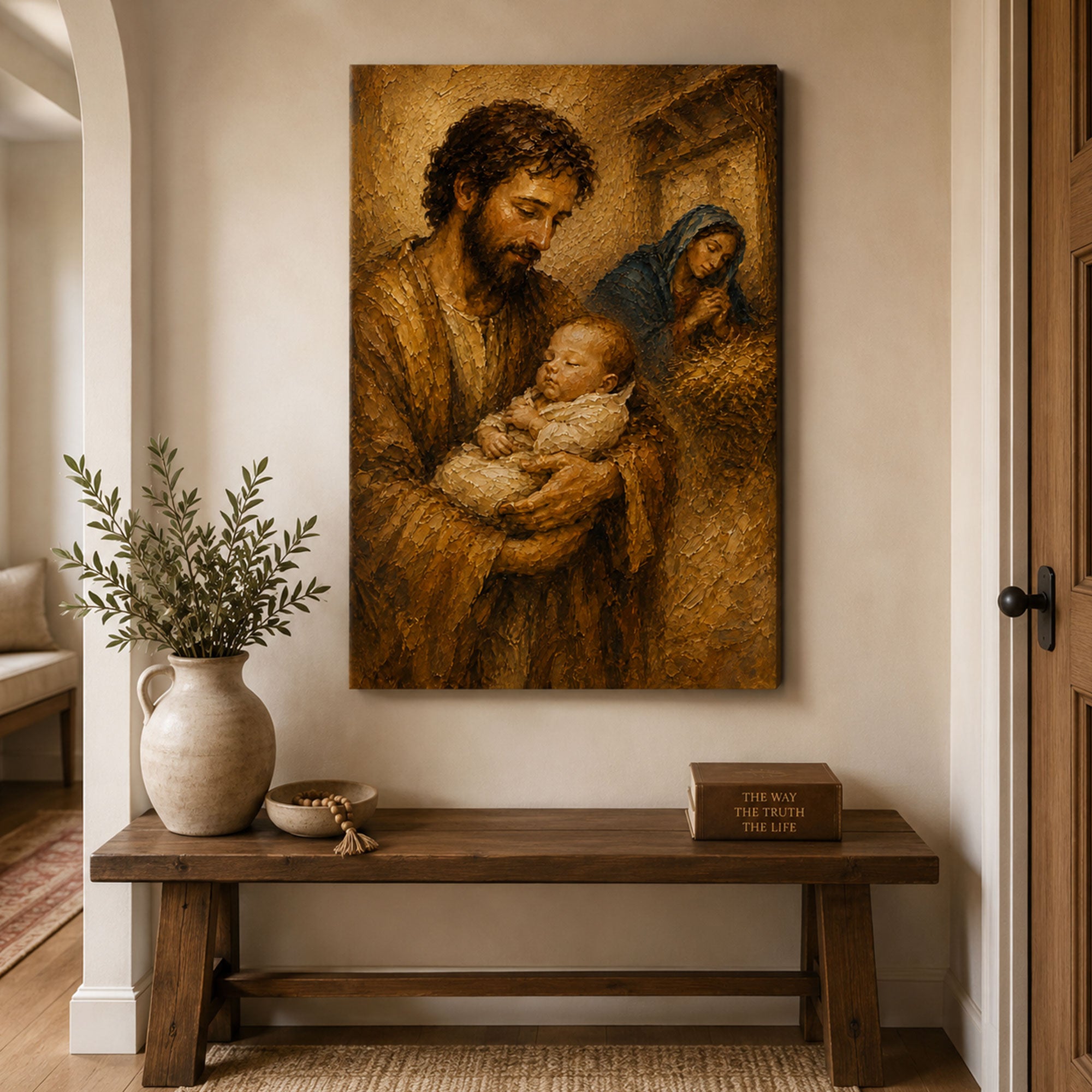 St. Joseph Holding Sleeping Baby Jesus Canvas Print, Holy Family Catholic Wall Art, Christian Family Home Decor