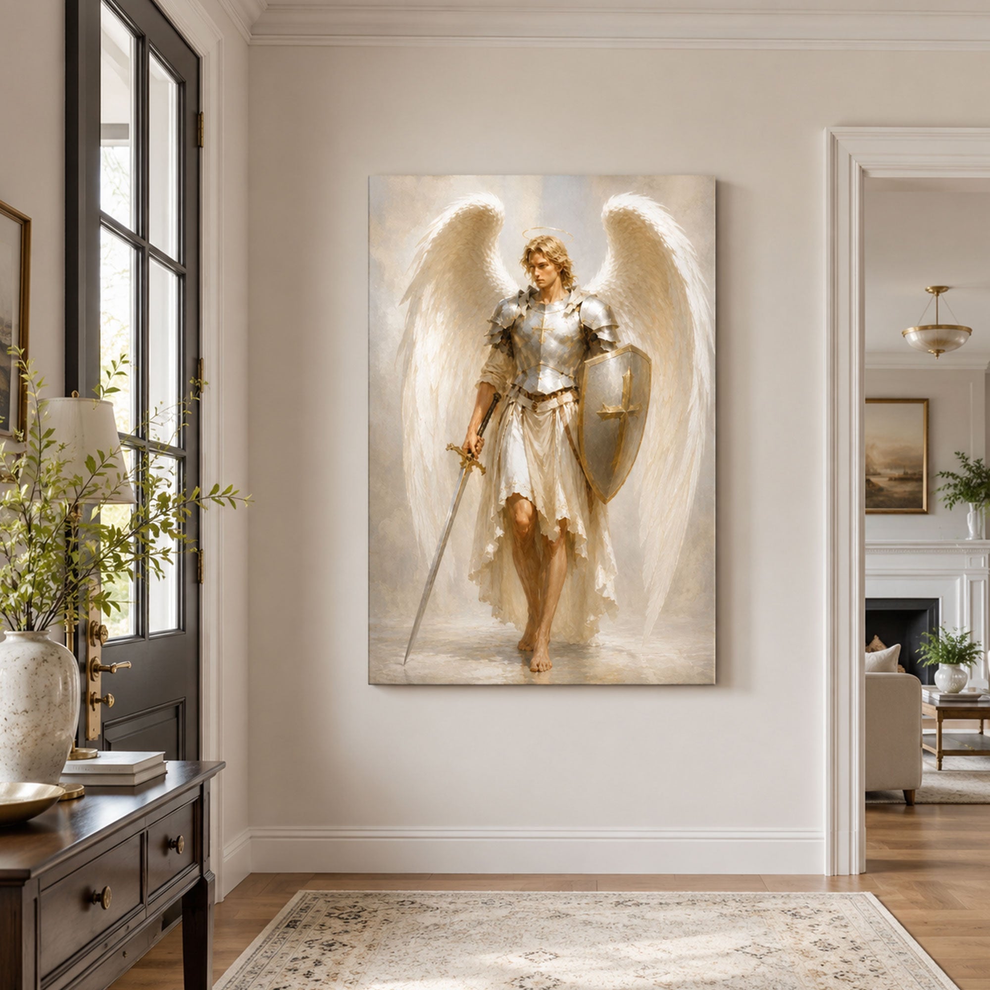 Saint Michael Archangel Canvas Print, Catholic Warrior Angel Wall Art, White Armor Faith Home Decor Gift