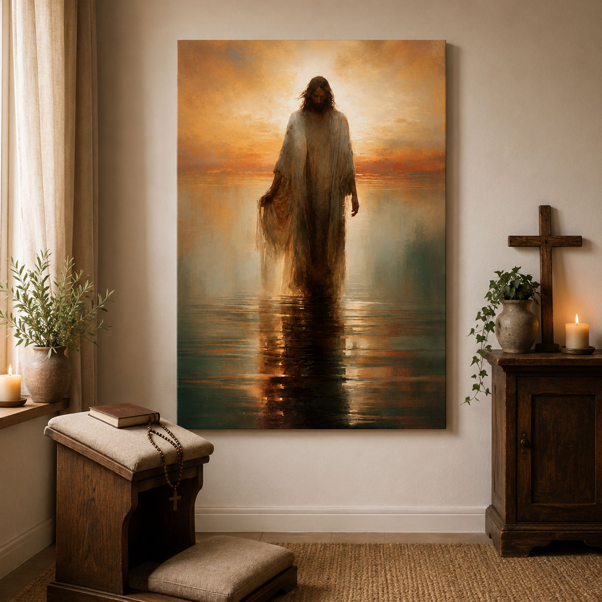 Jesus Walking on Water Canvas Print, Peaceful Christian Wall Art, Faith Home Decor