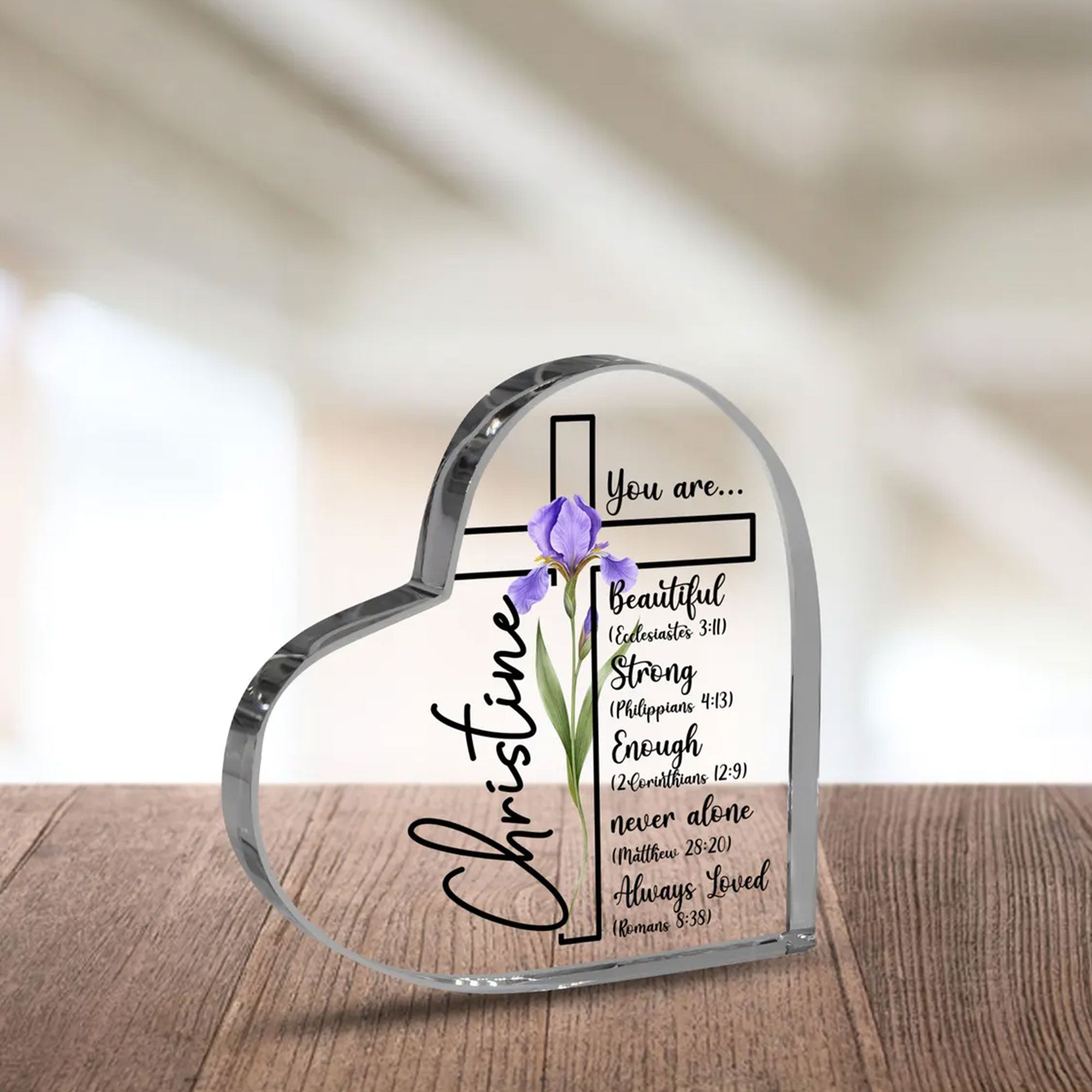 Christian Heart Acrylic Plaque with Cross, Inspirational Bible Verse Gift, 2D Flat Faith Table Decor