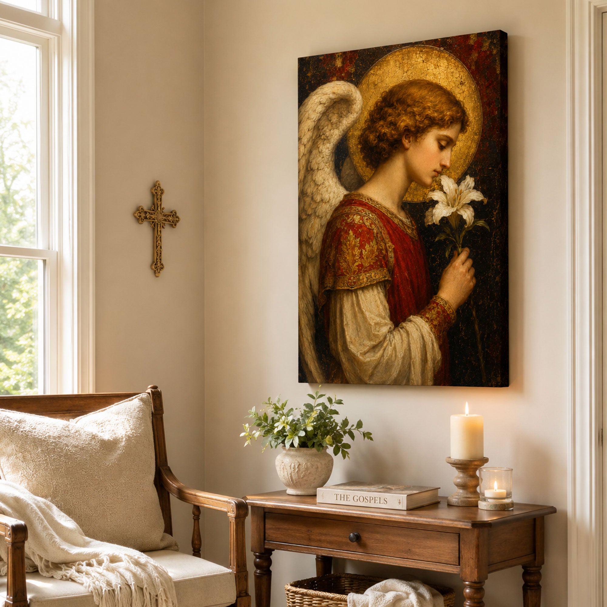 Angel Holding a White Lily Canvas Print, Christian Home Decor