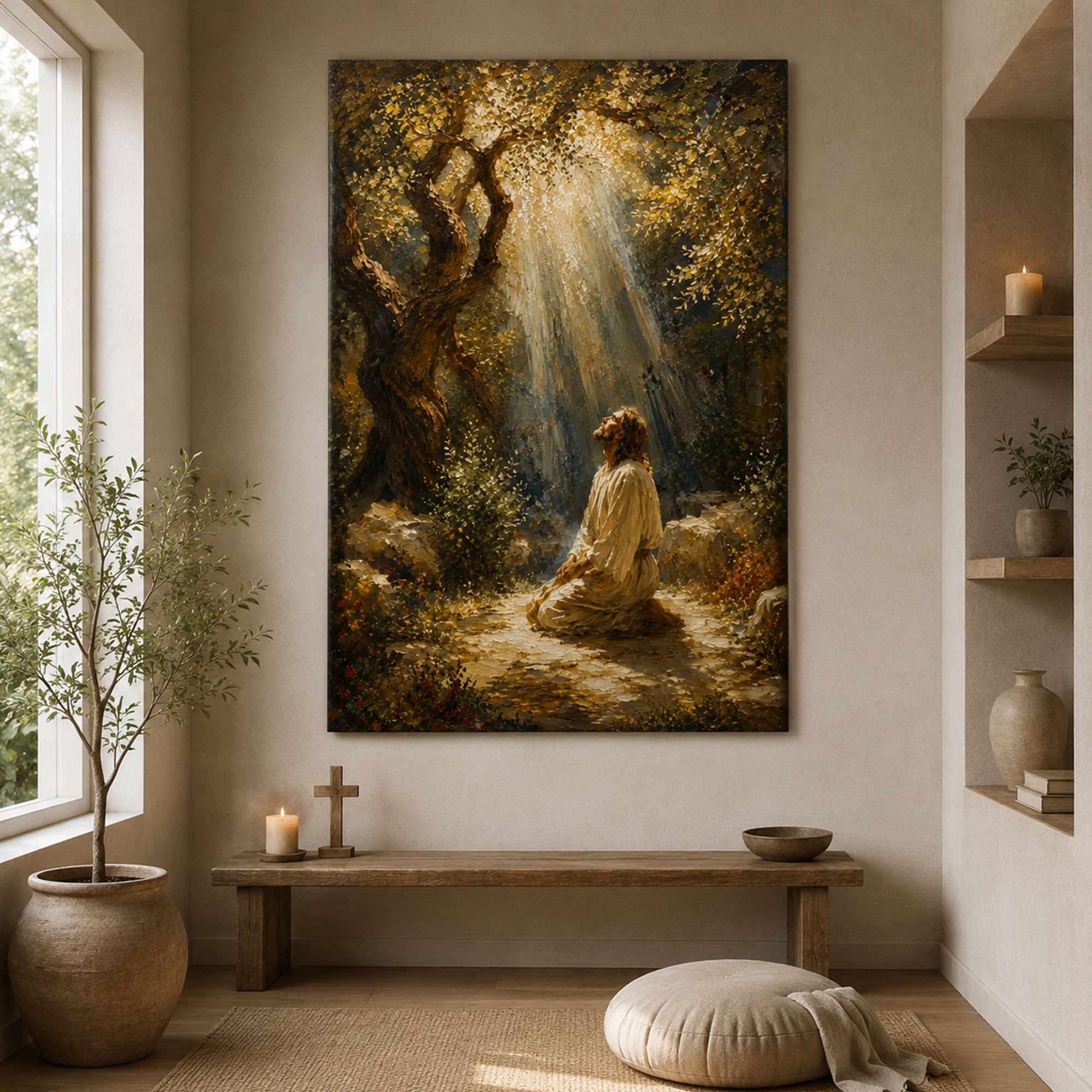 Jesus Praying in Gethsemane Canvas Print, Christian Wall Art, Peaceful Faith Home Decor