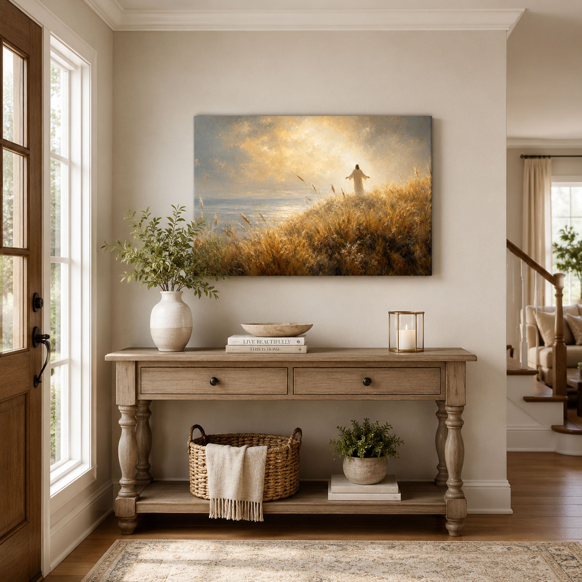 Jesus Walking Through Golden Meadow Canvas Print, Christian Light of Christ Wall Art, Peaceful Faith Home Decor Gift