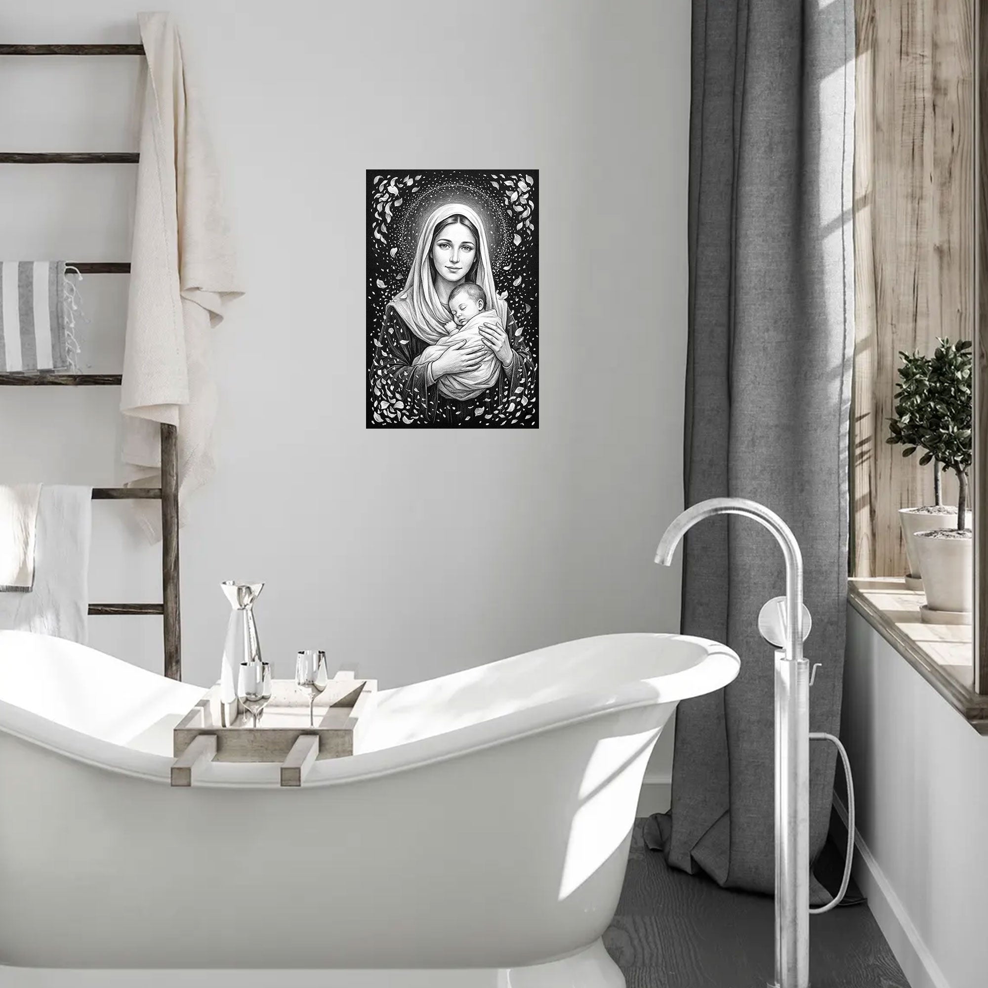 Black and White Virgin Mary with Child Canvas Print, Madonna and Baby Jesus Wall Art, Catholic Religious Decor