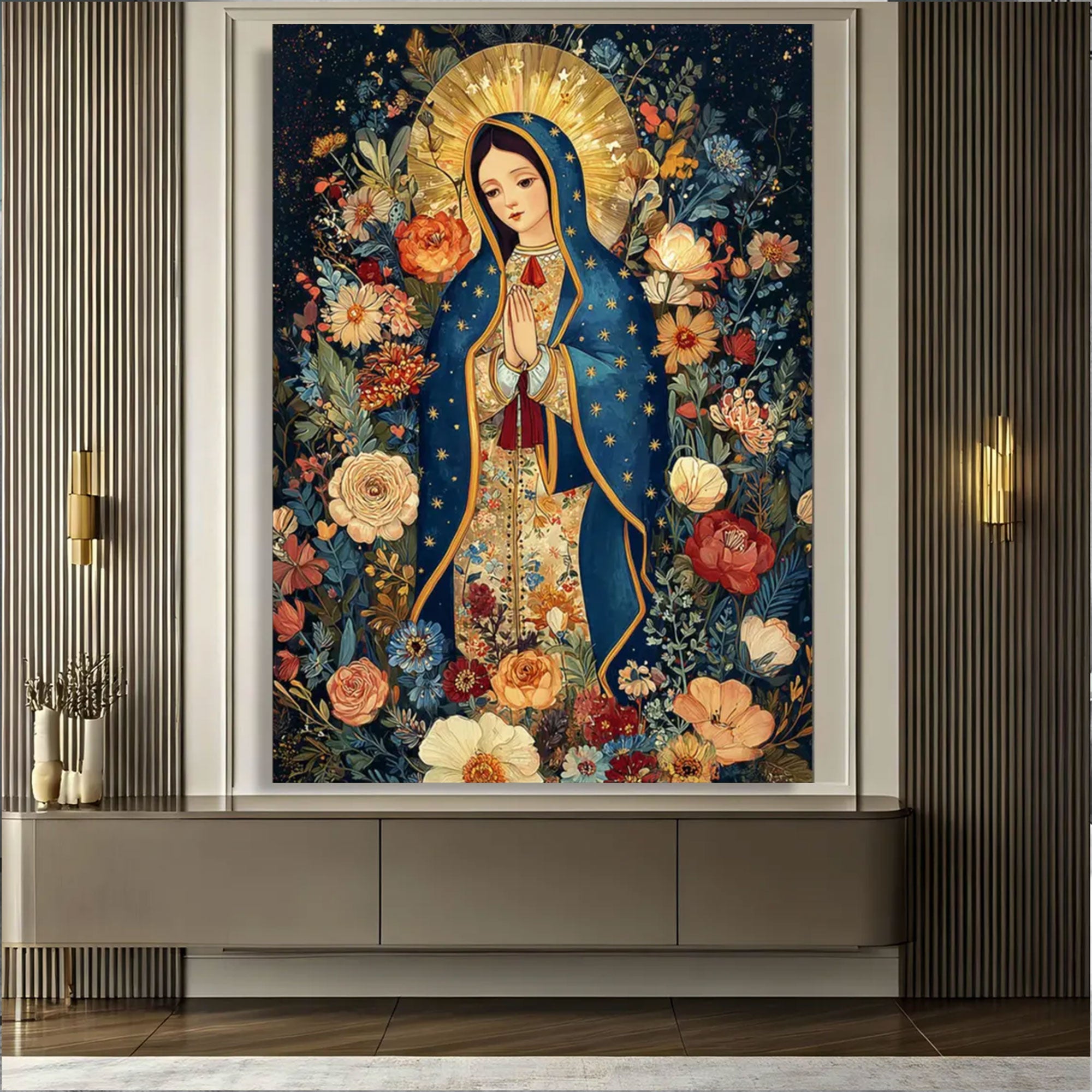 Our Lady of Guadalupe Canvas Print, Floral Virgin Mary Wall Art, Catholic Religious Decor, Devotional Christian Artwork, Prayerful Faith Gift for Home