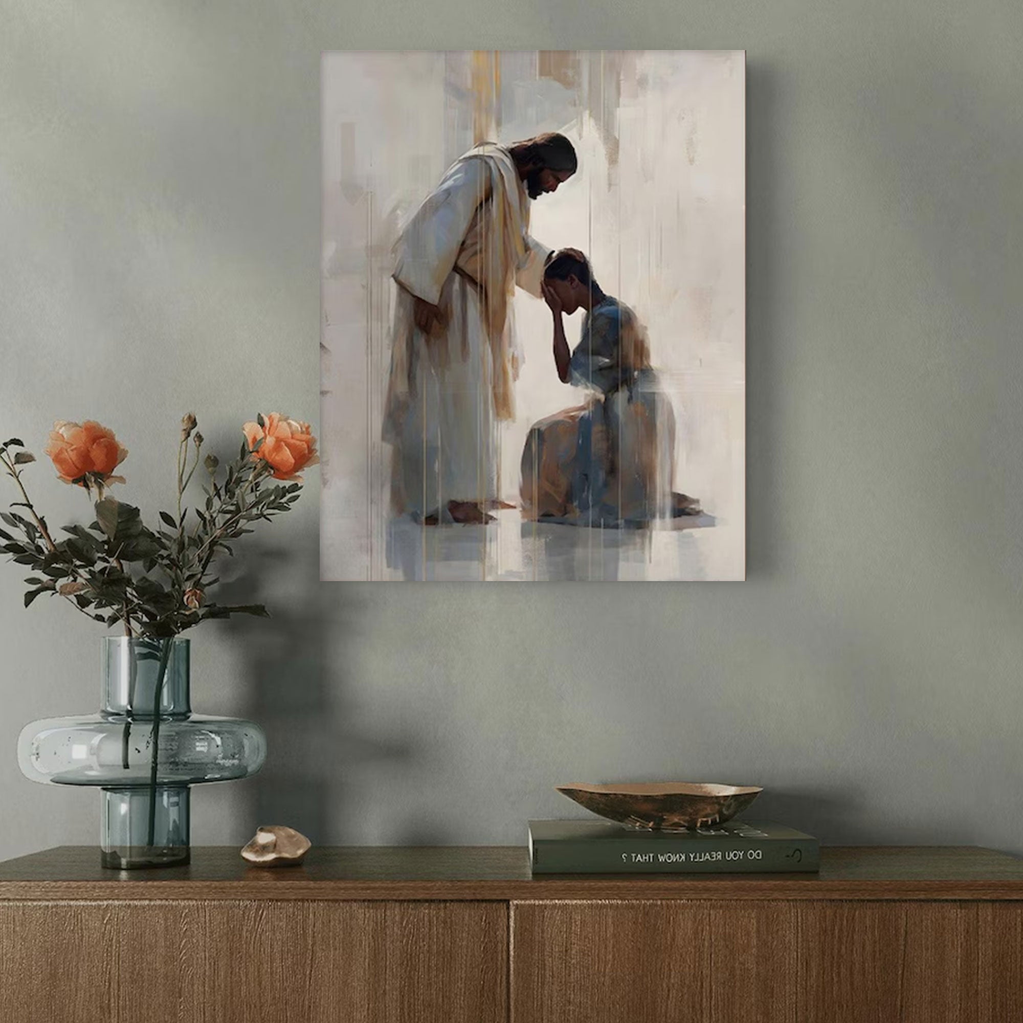 Jesus Comforts Black Woman Canvas Print, African American Christian Wall Art, Inspirational Faith Decor