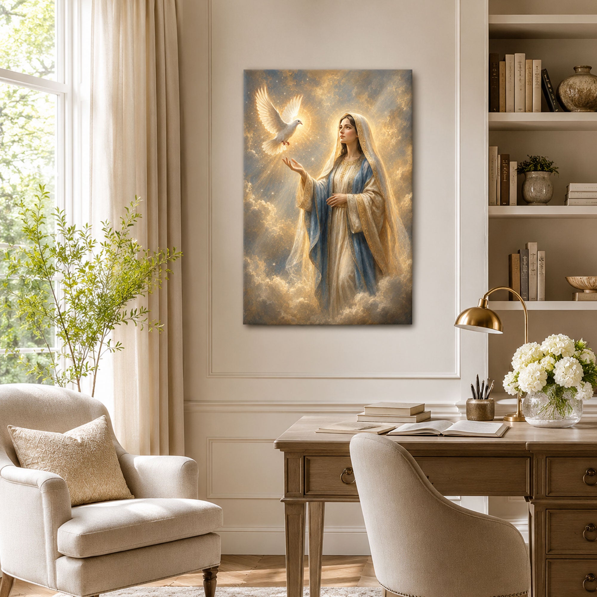 Virgin Mary with Holy Spirit Dove Canvas Print, Catholic Home Decor