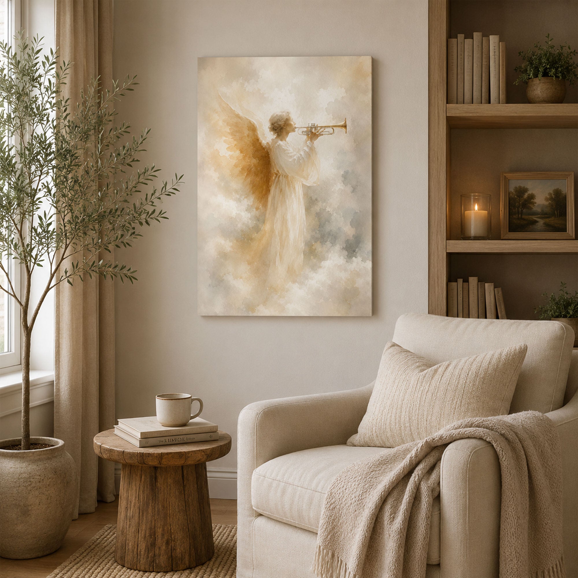 Trumpet Angel Canvas Print, Soft Watercolor Christian Angel Wall Art, Heavenly Faith Home Decor Gift