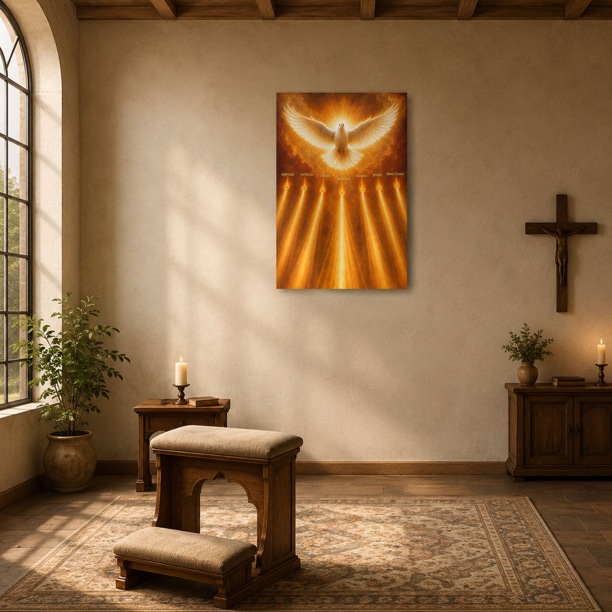 Holy Spirit Dove Canvas Print, Seven Gifts of the Spirit Christian Wall Art, Golden Light Religious Home Decor