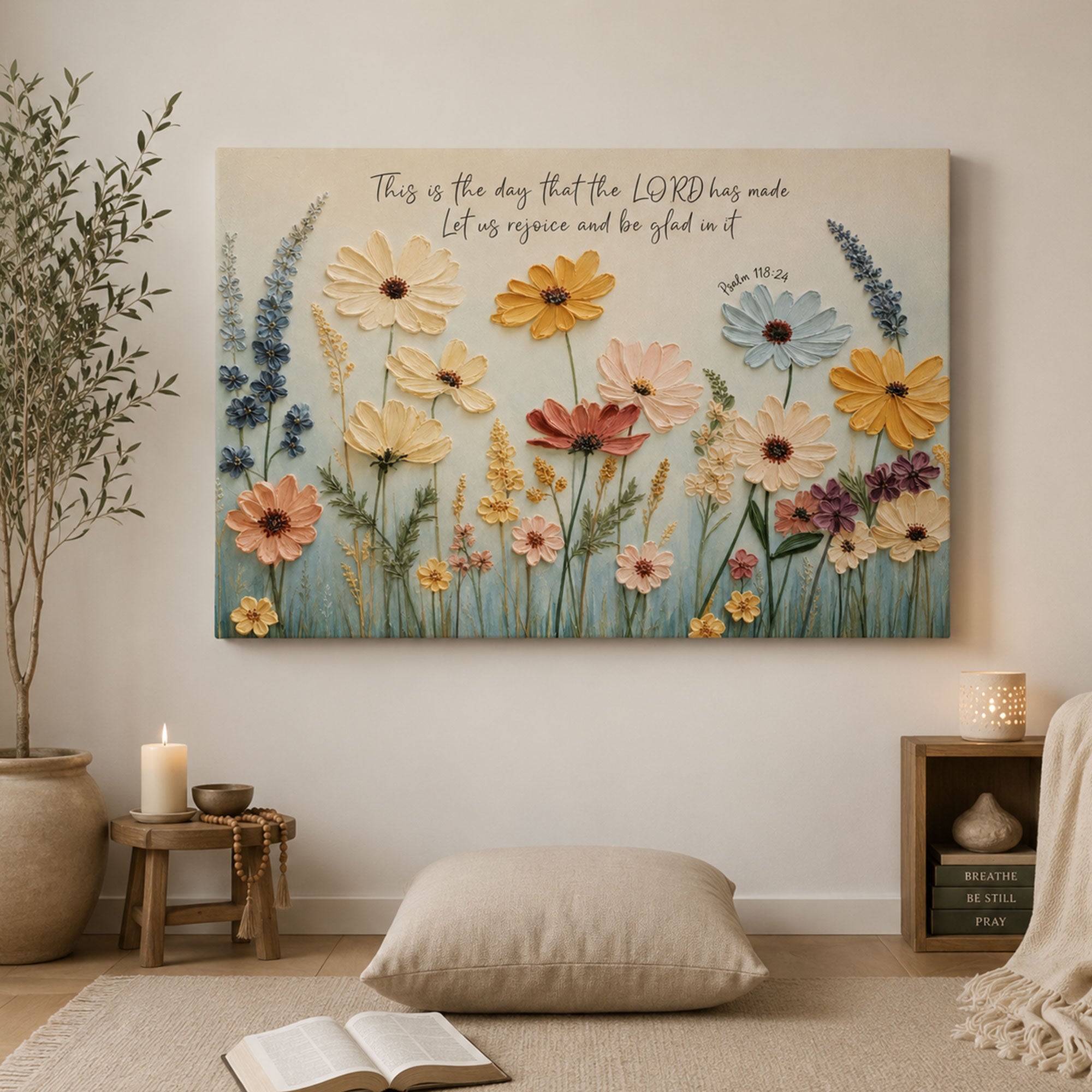 This Is the Day Psalm 118:24 Canvas Print, Floral Christian Scripture Wall Art, Joyful Faith Home Decor