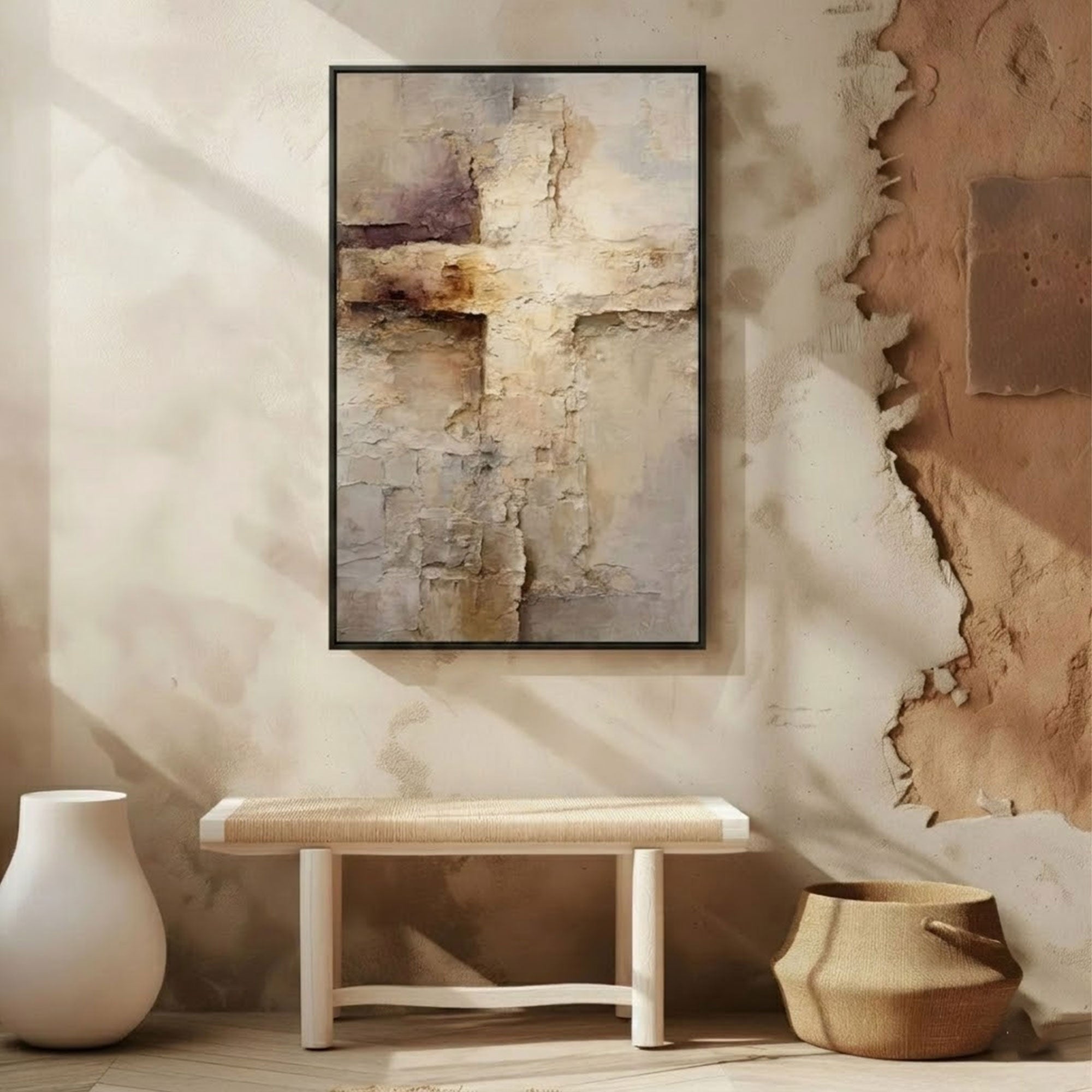 Abstract Neutral Cross Canvas Print, Rustic Textured Christian Wall Art, Faith Based Home Decor, Modern Religious Artwork, Inspirational Spiritual Gift