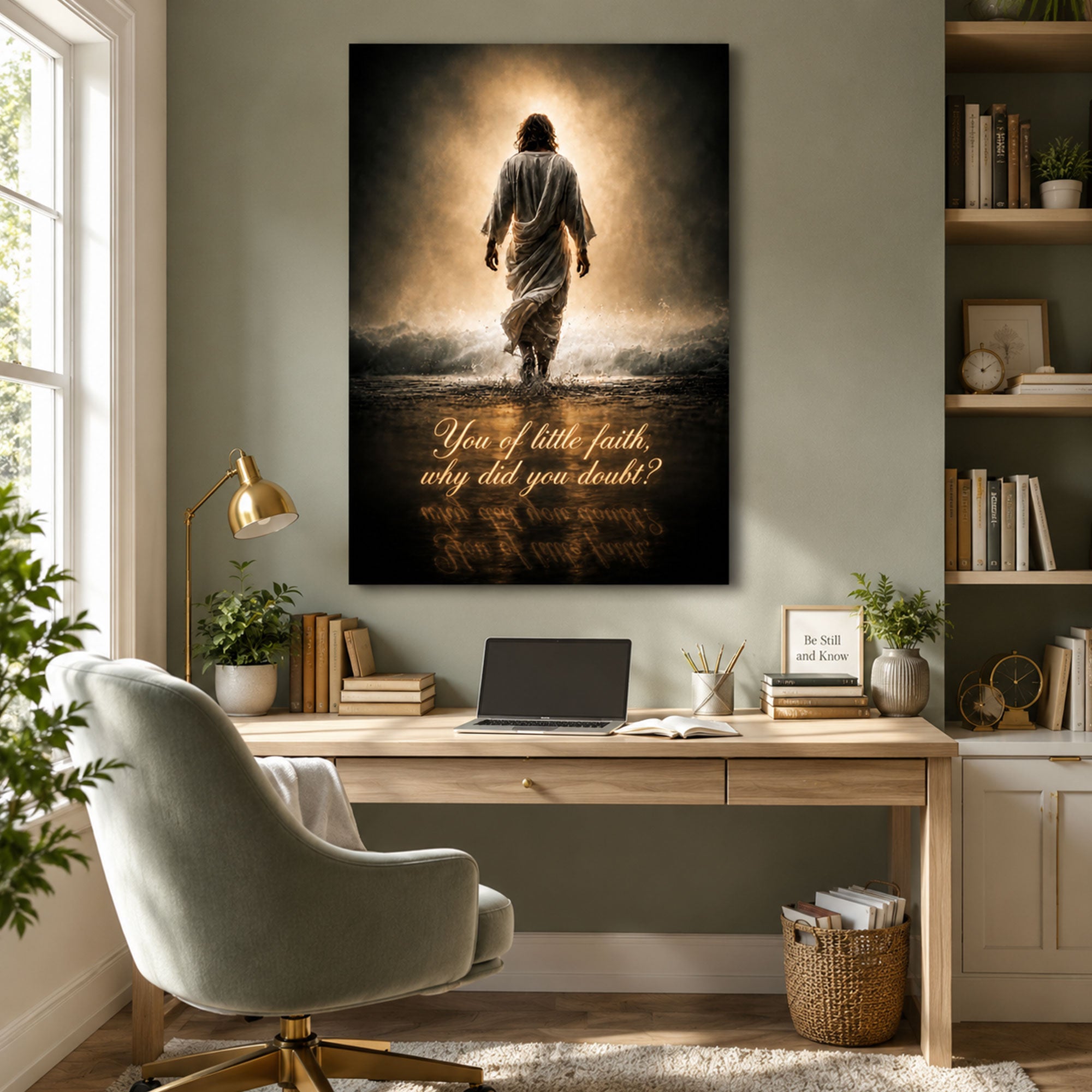 You of Little Faith Canvas Print, Jesus Walking on Water Christian Wall Art, Inspirational Bible Verse Faith Decor