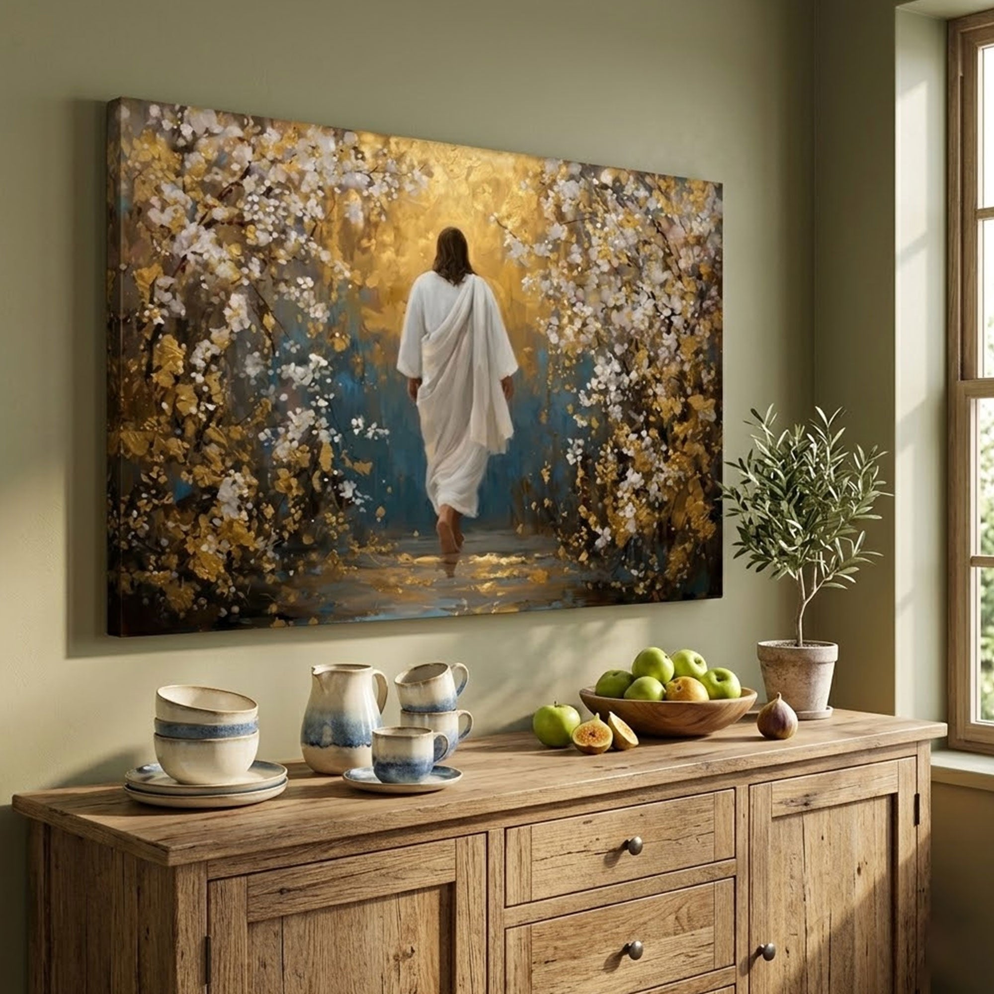 Walking Into His Peace Canvas Print, Jesus in the Garden Christian Wall Art, Warm Golden Faith Decor