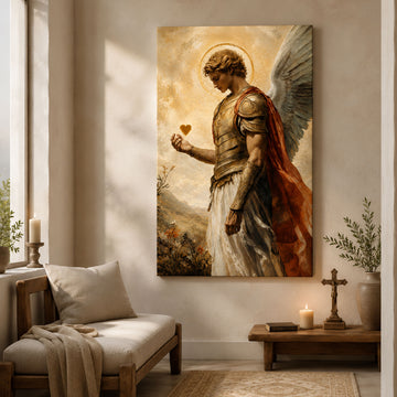 Archangel Holding Golden Heart Canvas Print, Catholic Christian Wall Art, Heavenly Faith Home Decor