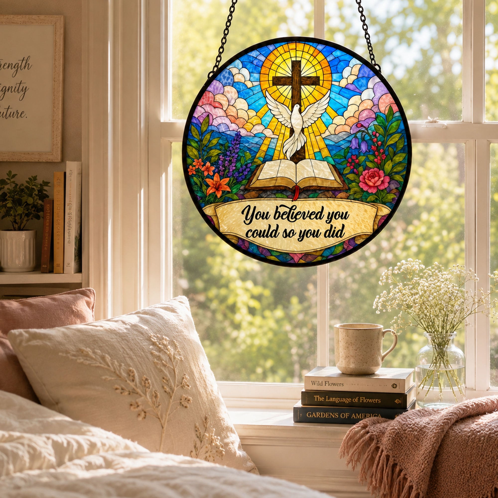 You Believed You Could So You Did Suncatcher, Christian Cross and Dove Window Hanging, Inspirational Faith Gift