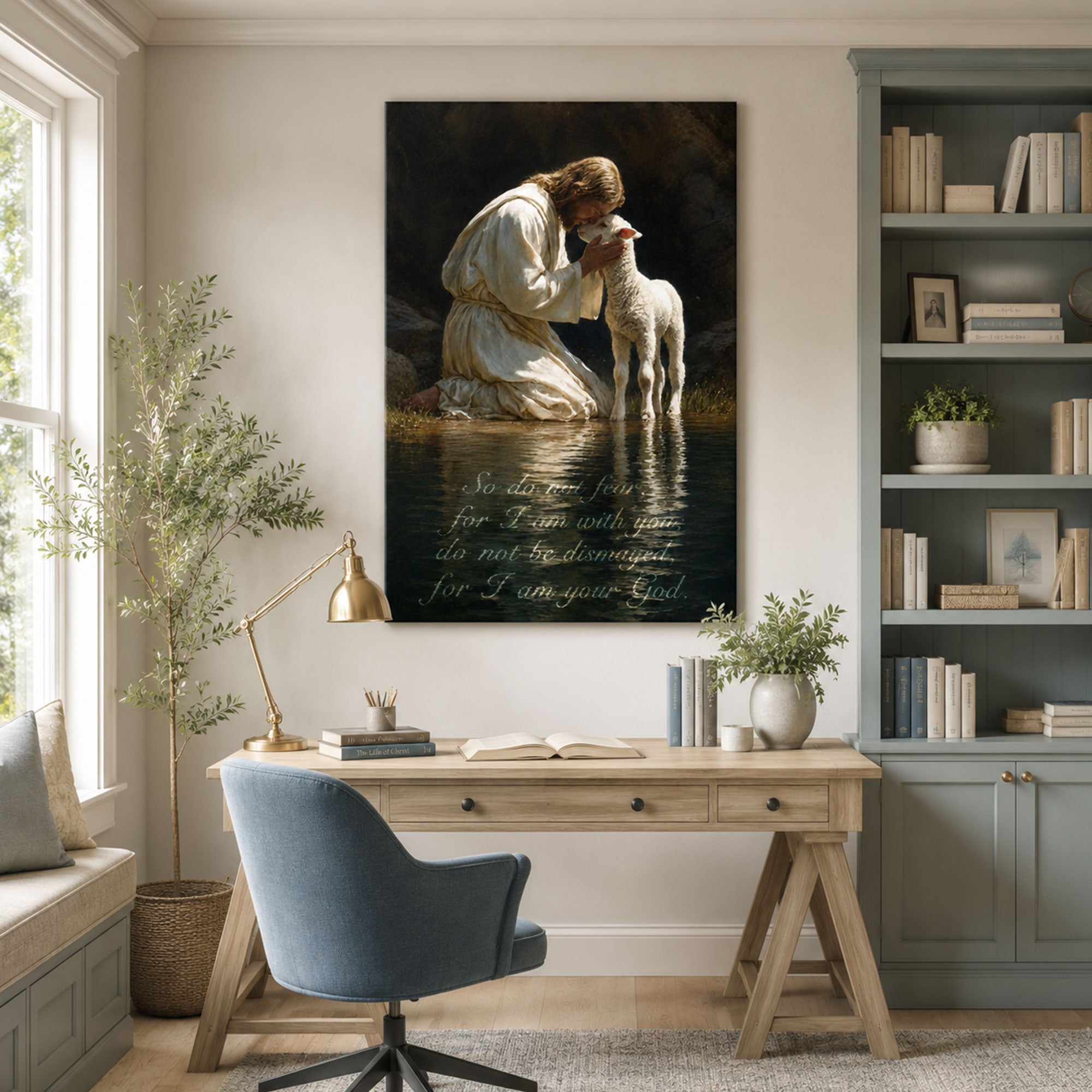 Jesus and Lamb Canvas Print, Good Shepherd Christian Wall Art, Peaceful Faith Home Decor