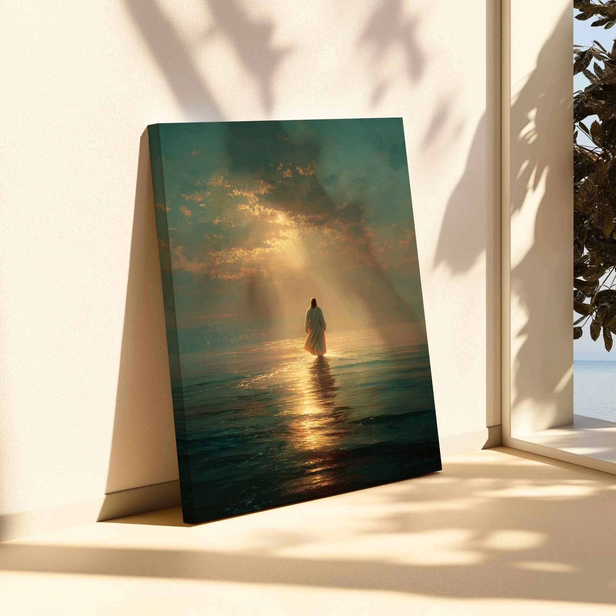 Jesus Walking on Water Canvas Print, Faith Over Fear Christian Wall Art, Divine Light Ocean Scene, Spiritual Home Decor, Inspirational Religious Gift
