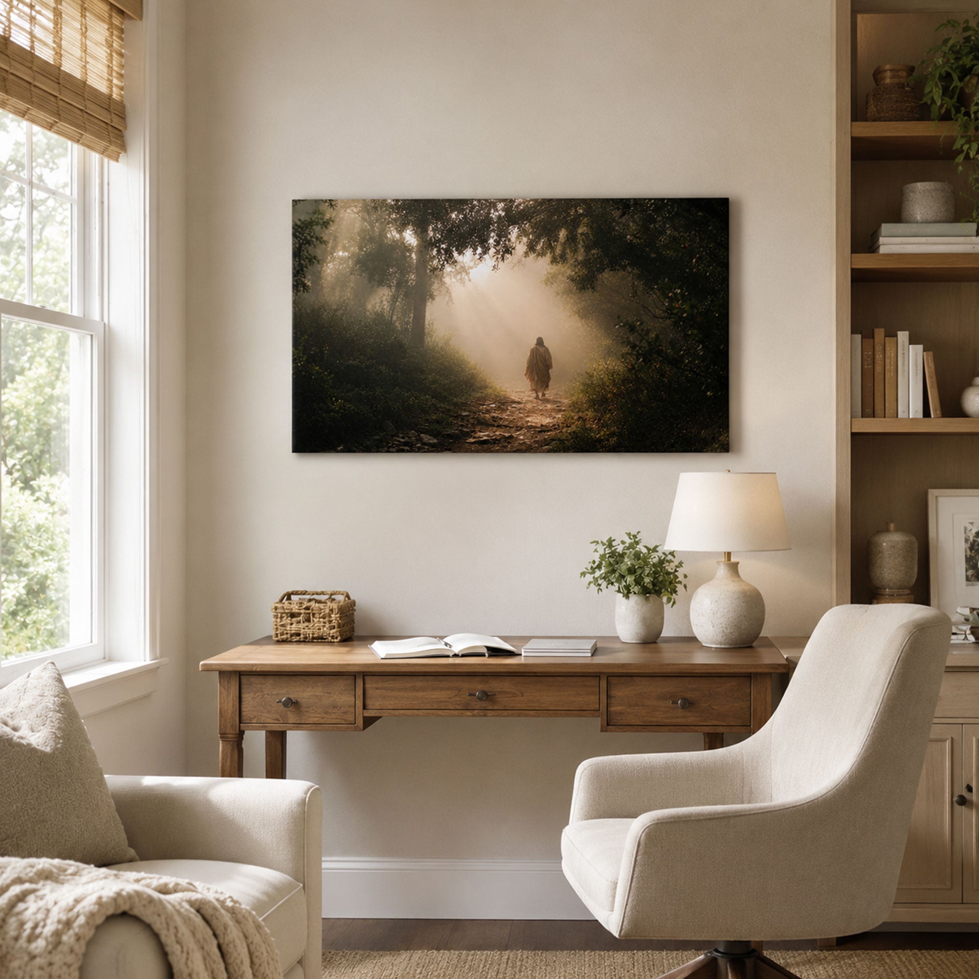 Jesus Walking Through the Forest Canvas Print, Light Filled Christian Faith Decor