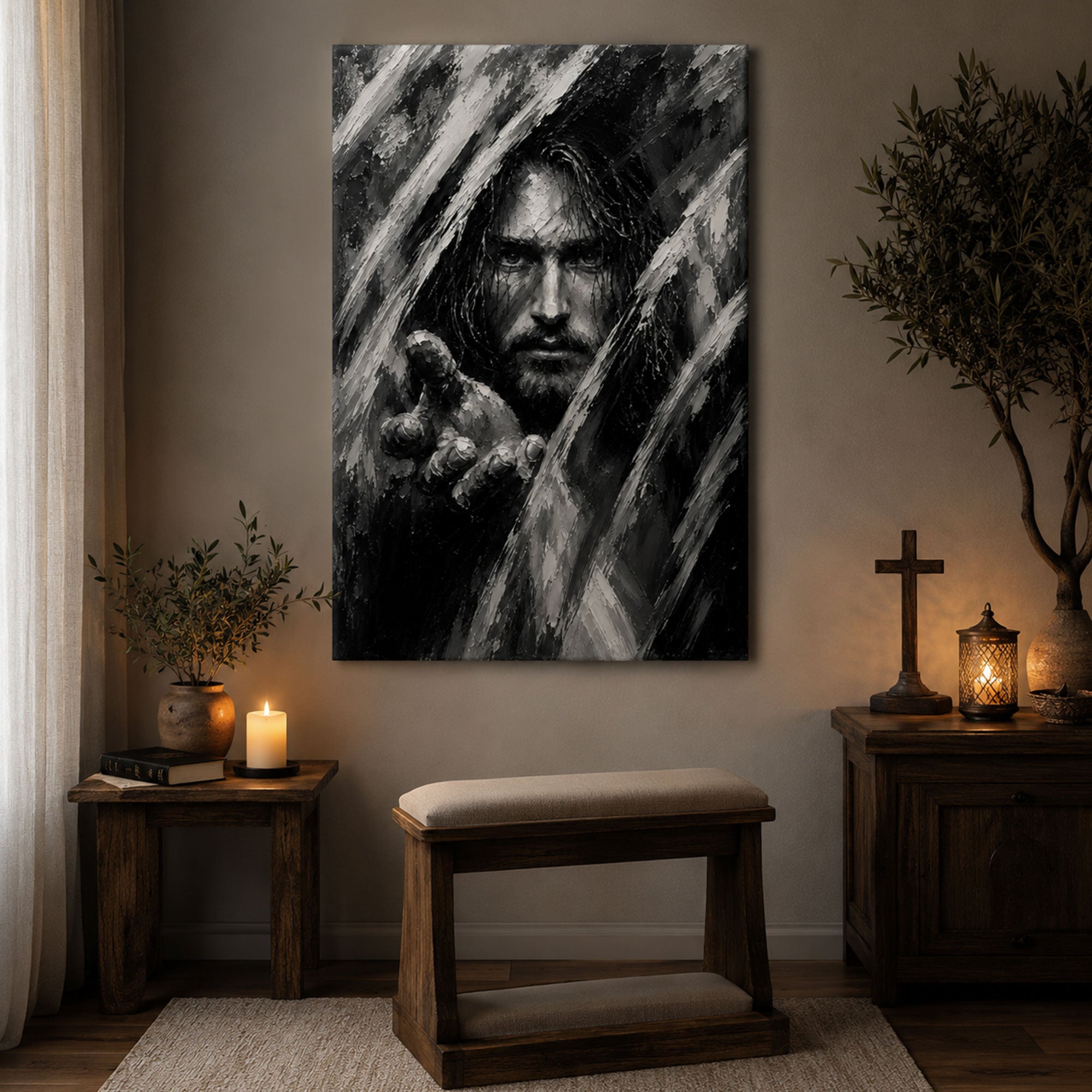 Jesus Reaching Out Canvas Print, Black and White Christian Wall Art, Hope Faith Home Decor