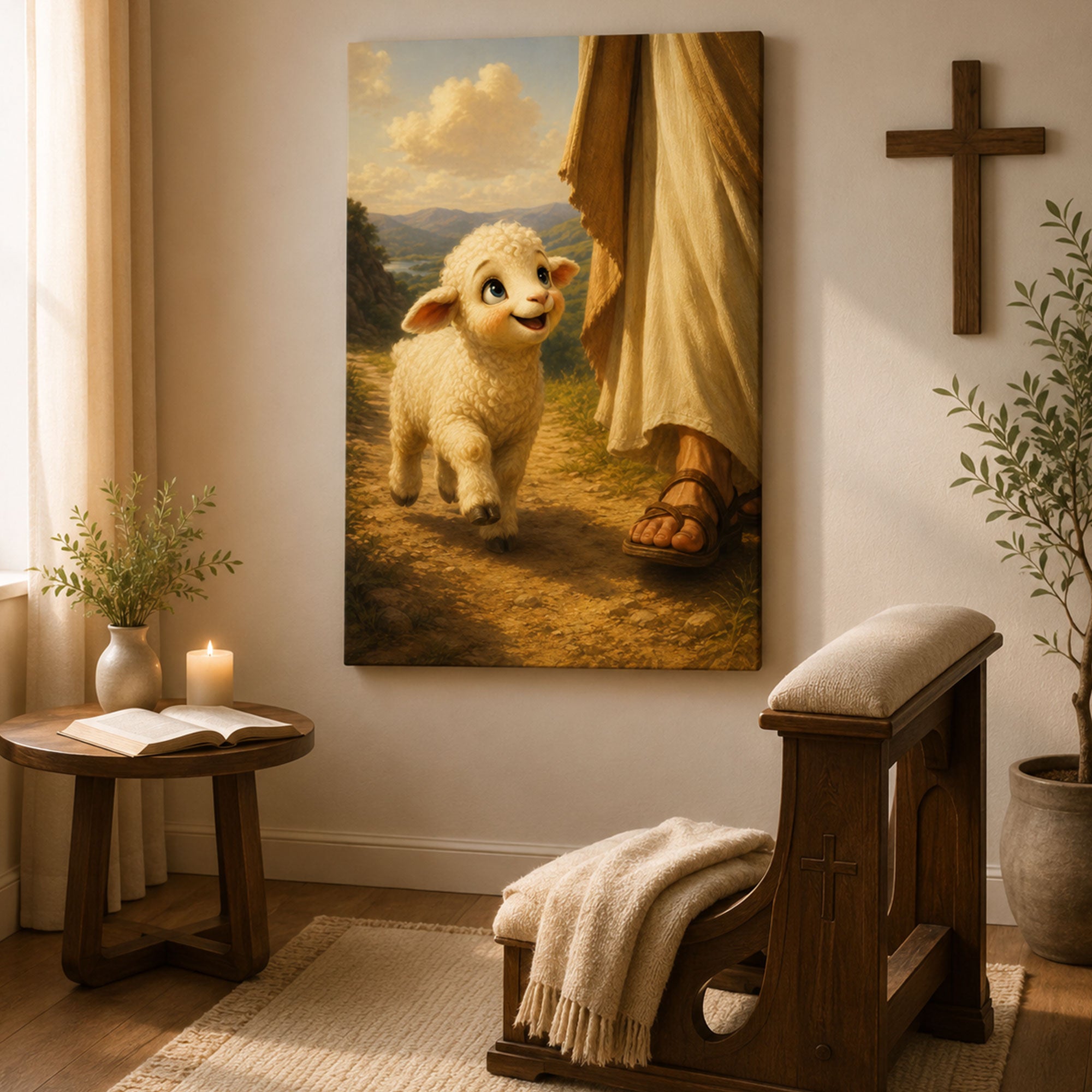 Jesus with Little Lamb Canvas Print, Christian Nursery Wall Art, Faith Home Decor