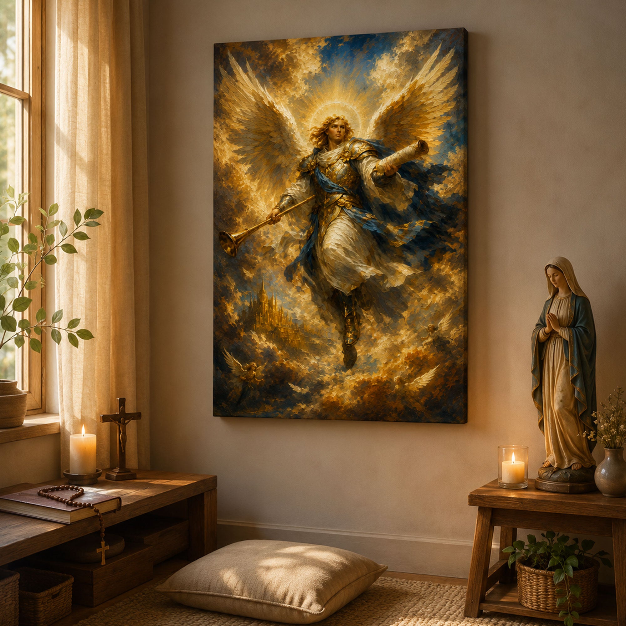 Archangel with Trumpet Canvas Print, Christian Angel Wall Art, Faith Home Decor