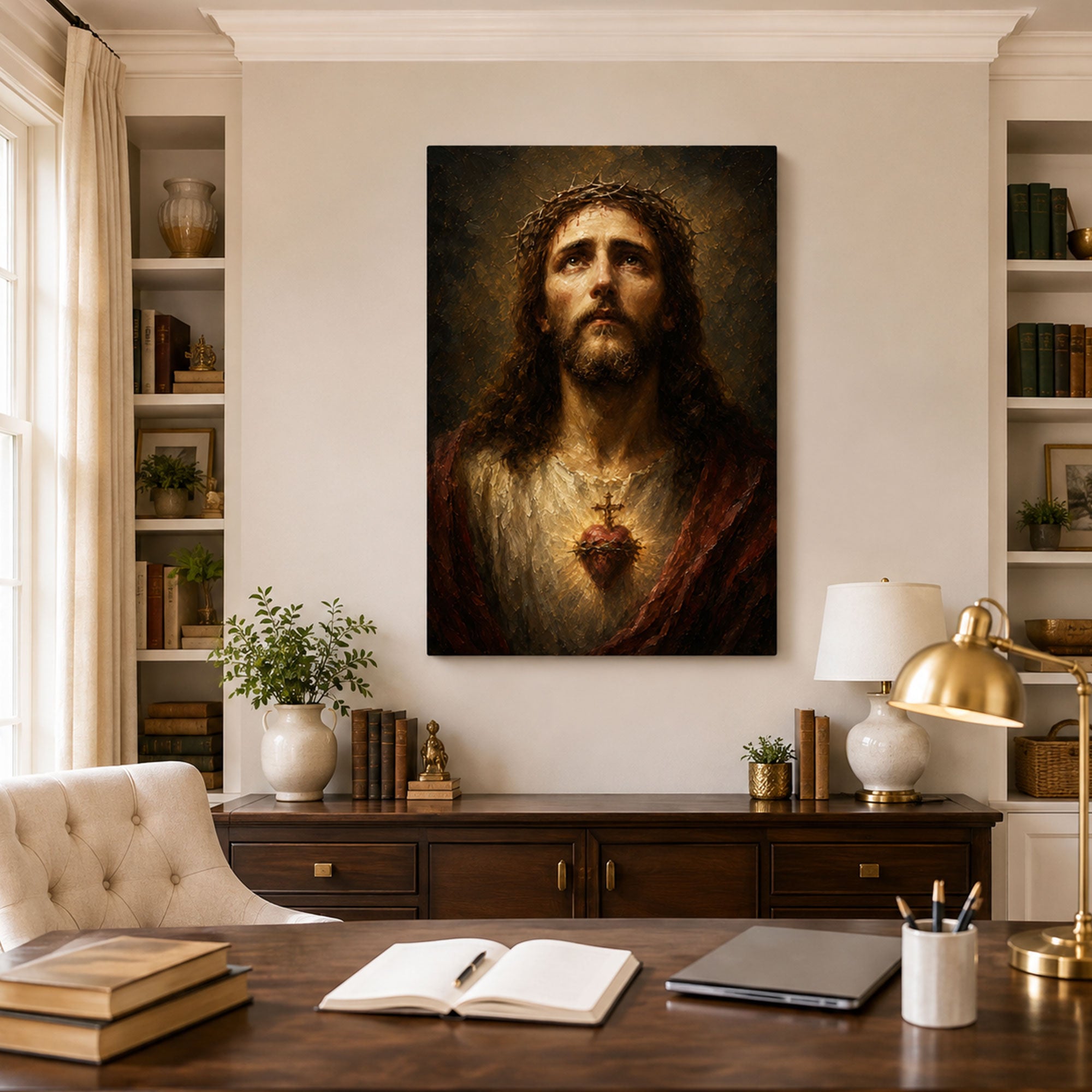 Sacred Heart of Jesus Canvas Print, Crown of Thorns Catholic Wall Decor, Christian Faith Gift