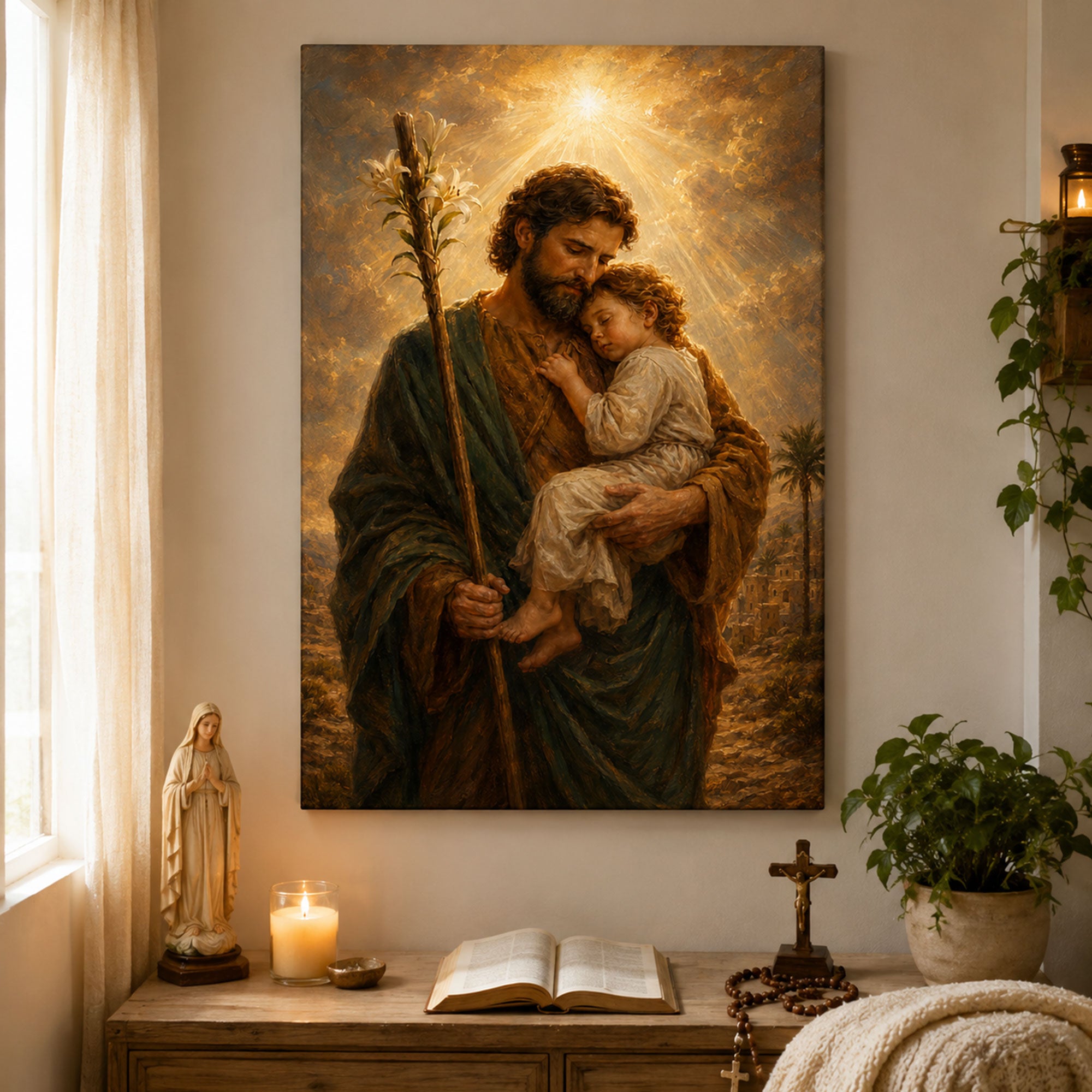 Saint Joseph with Child Jesus Canvas Print, Catholic Wall Art, Fatherly Love Christian Home Decor