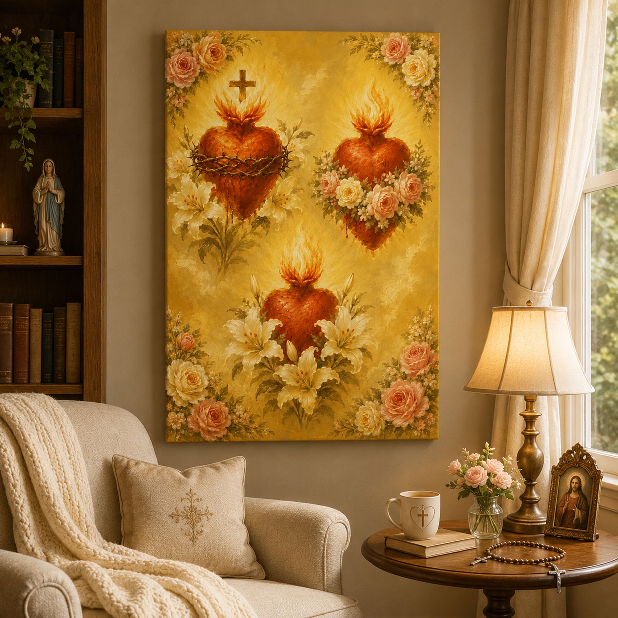 Sacred Heart of Jesus Canvas Print Catholic Floral Wall Art Lily Rose Christian Faith Home Decor