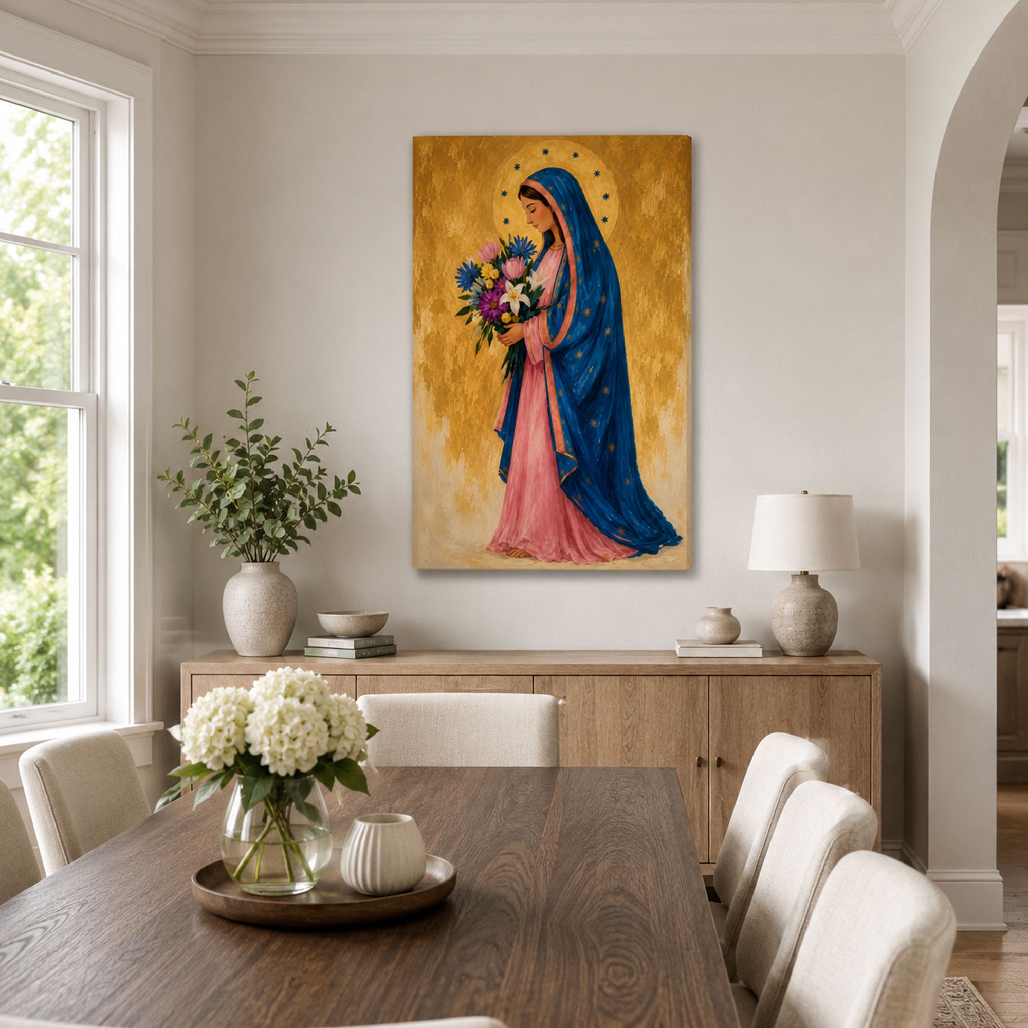 Virgin Mary with Flowers Canvas Print, Catholic Wall Decor, Marian Faith Gift