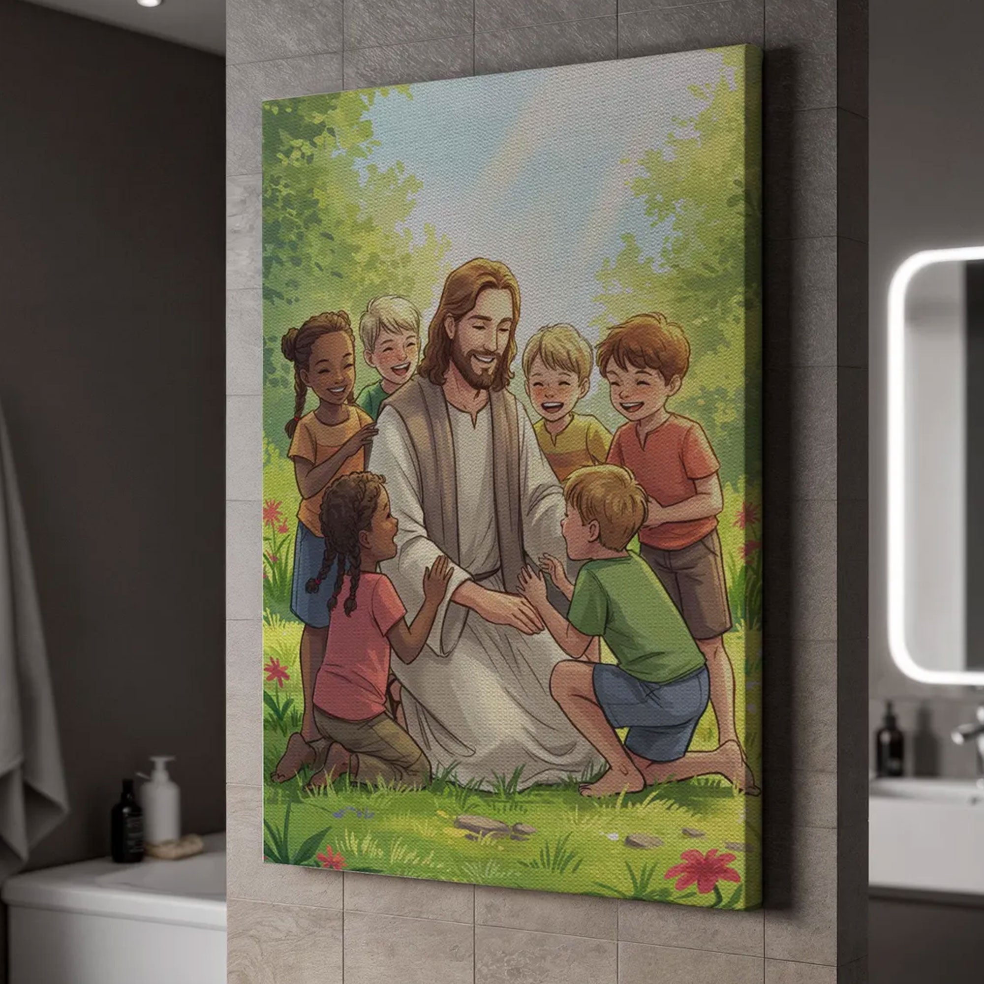 Jesus with Children Canvas Print Joyful Christian Wall Art Faith Filled Home Decor Spiritual Gift of Love and Innocence