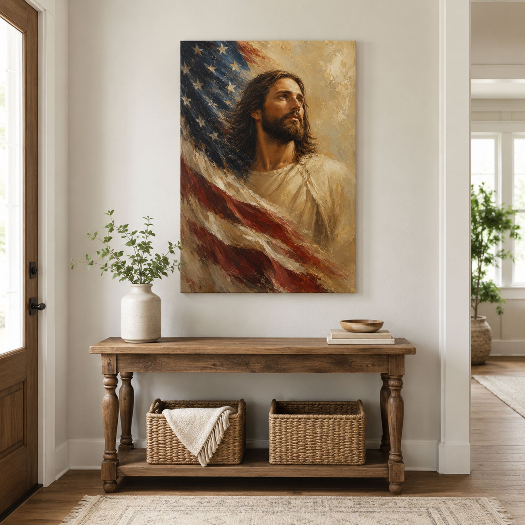 Jesus with American Flag Canvas Print, Christian Patriotic Wall Art, Faith and Freedom Home Decor Gift