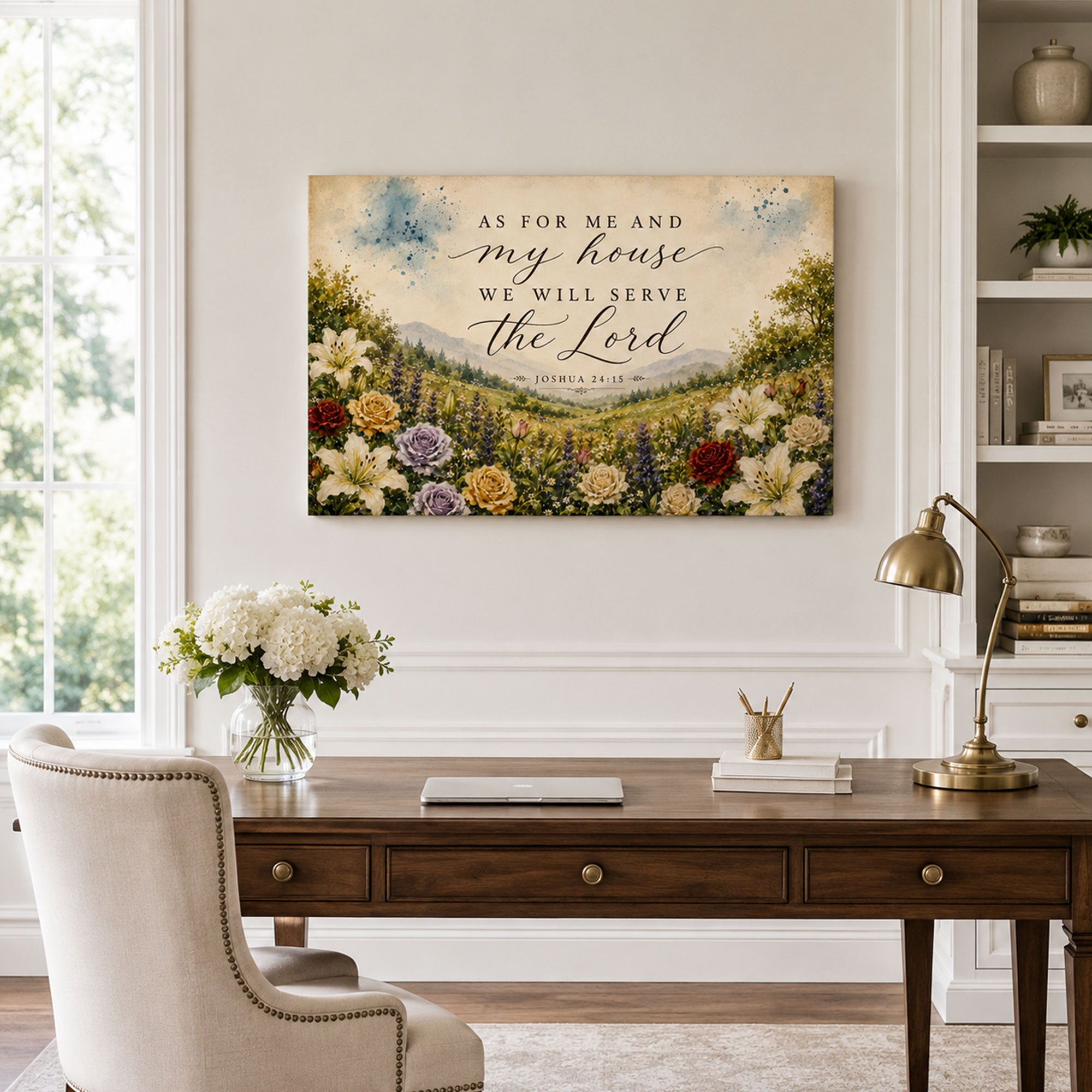 Joshua 24:15 Canvas Print, As for Me and My House Christian Scripture Wall Art, Floral Faith Home Decor Gift