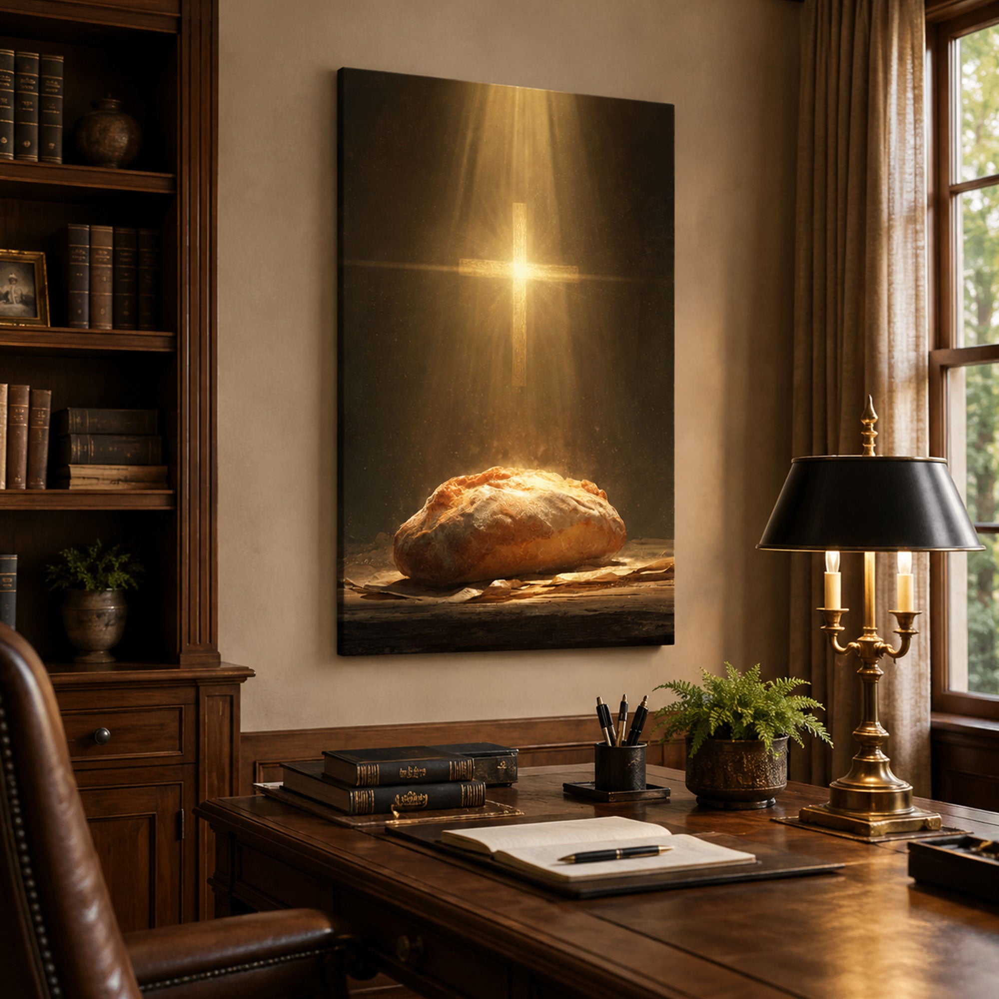 Bread of Life Wall Art, Christian Eucharist Canvas Print, Cross Light Religious Faith Decor