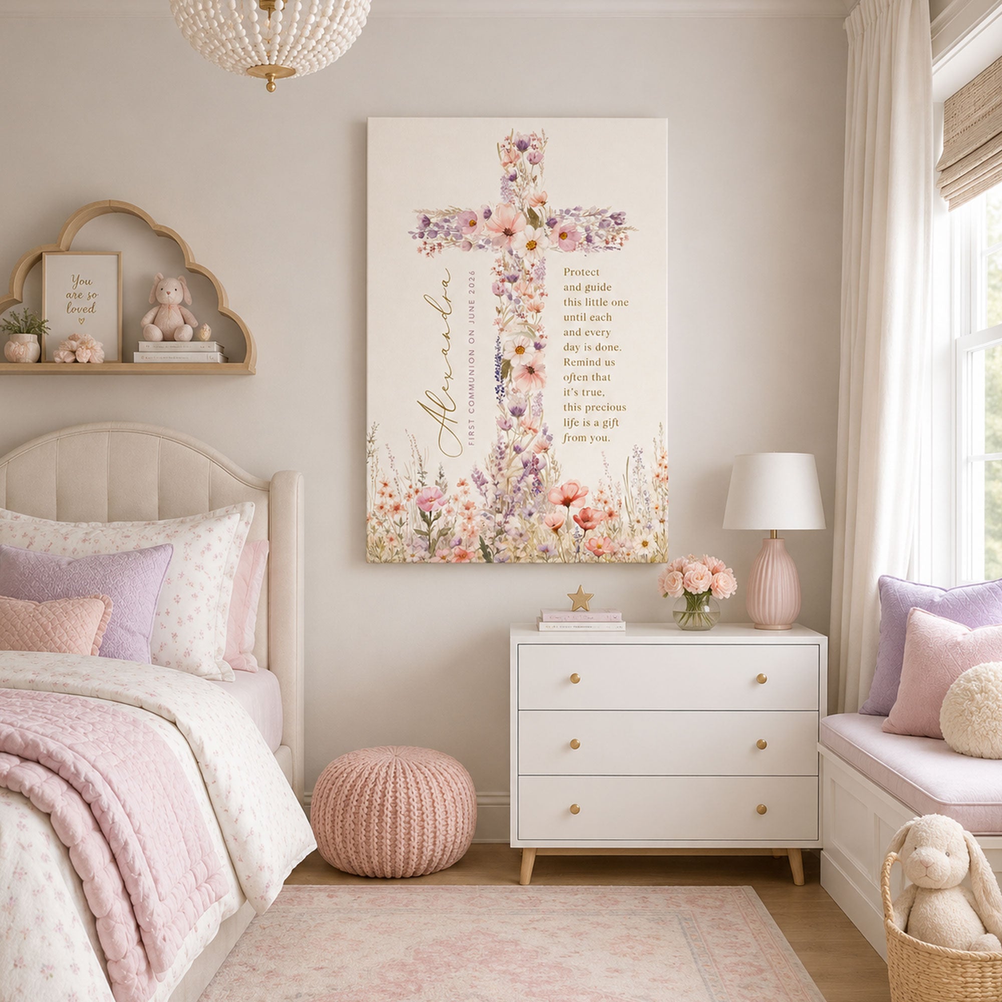Custom First Communion Gift for Girl, Personalized Floral Cross Canvas Print, Christian Confirmation Baptism Keepsake