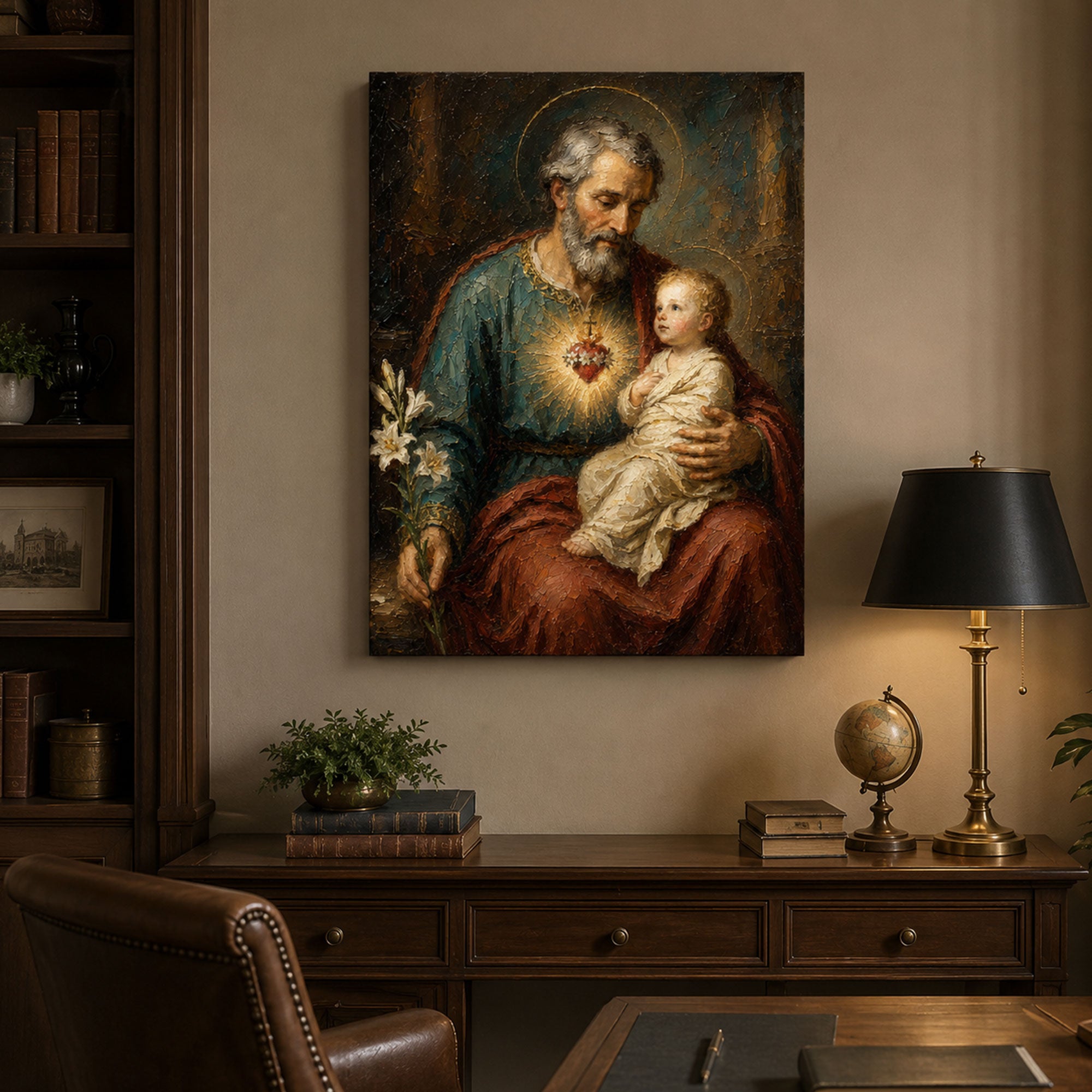 St. Joseph and Child Jesus Canvas Print, Sacred Heart Catholic Wall Art, Patron of Families Home Decor