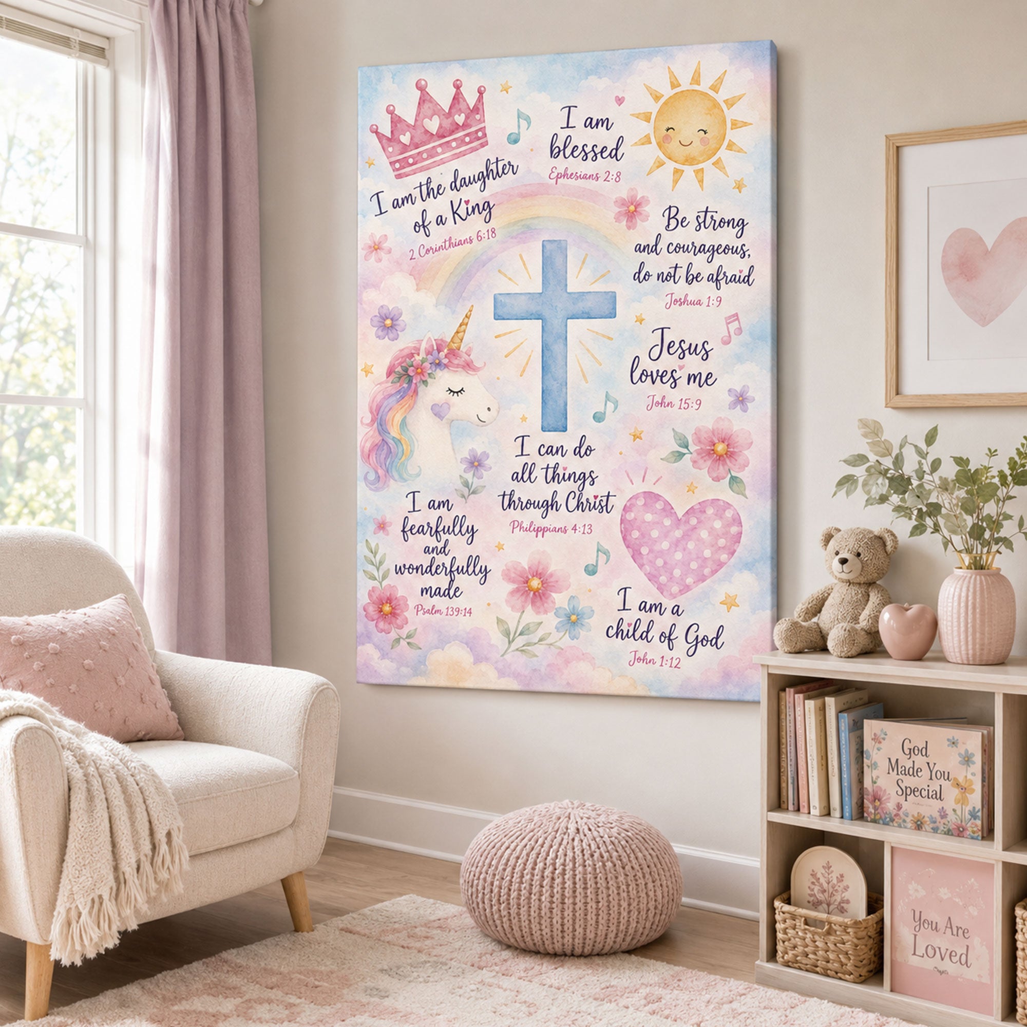 Christian Girls Nursery Wall Art Bible Verse Affirmation Canvas Print Pink Pastel Watercolor Faith Decor