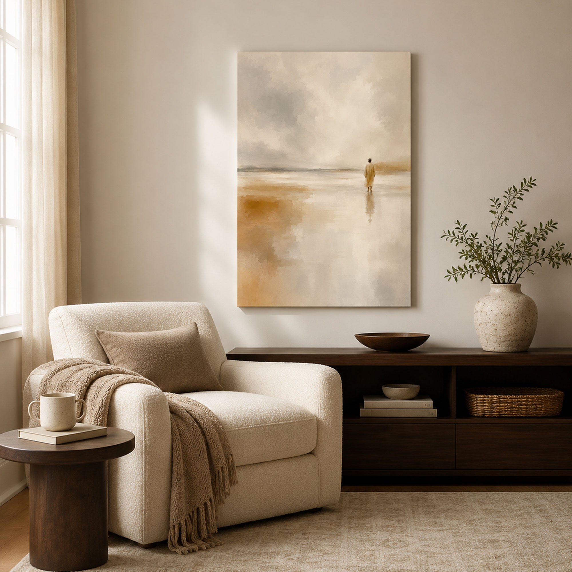 Peaceful Jesus Seascape Canvas Print, Christian Faith Wall Art, Neutral Home Decor