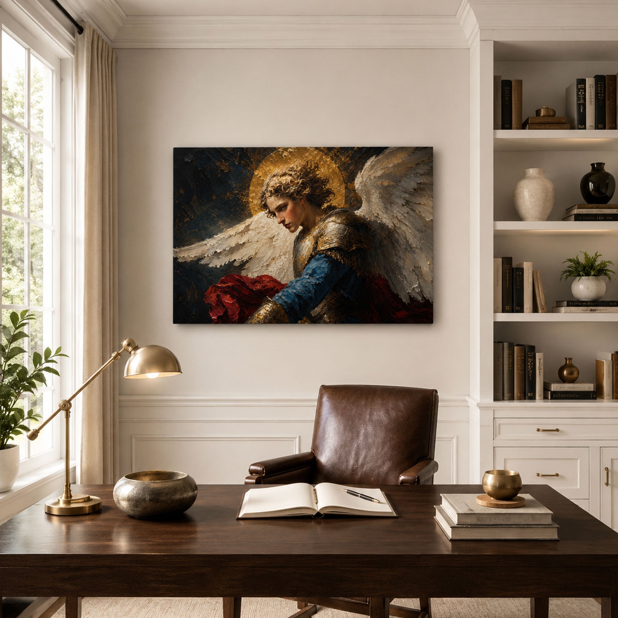 Saint Michael in Silent Vigil Canvas Print, Blue and Gold Catholic Decor