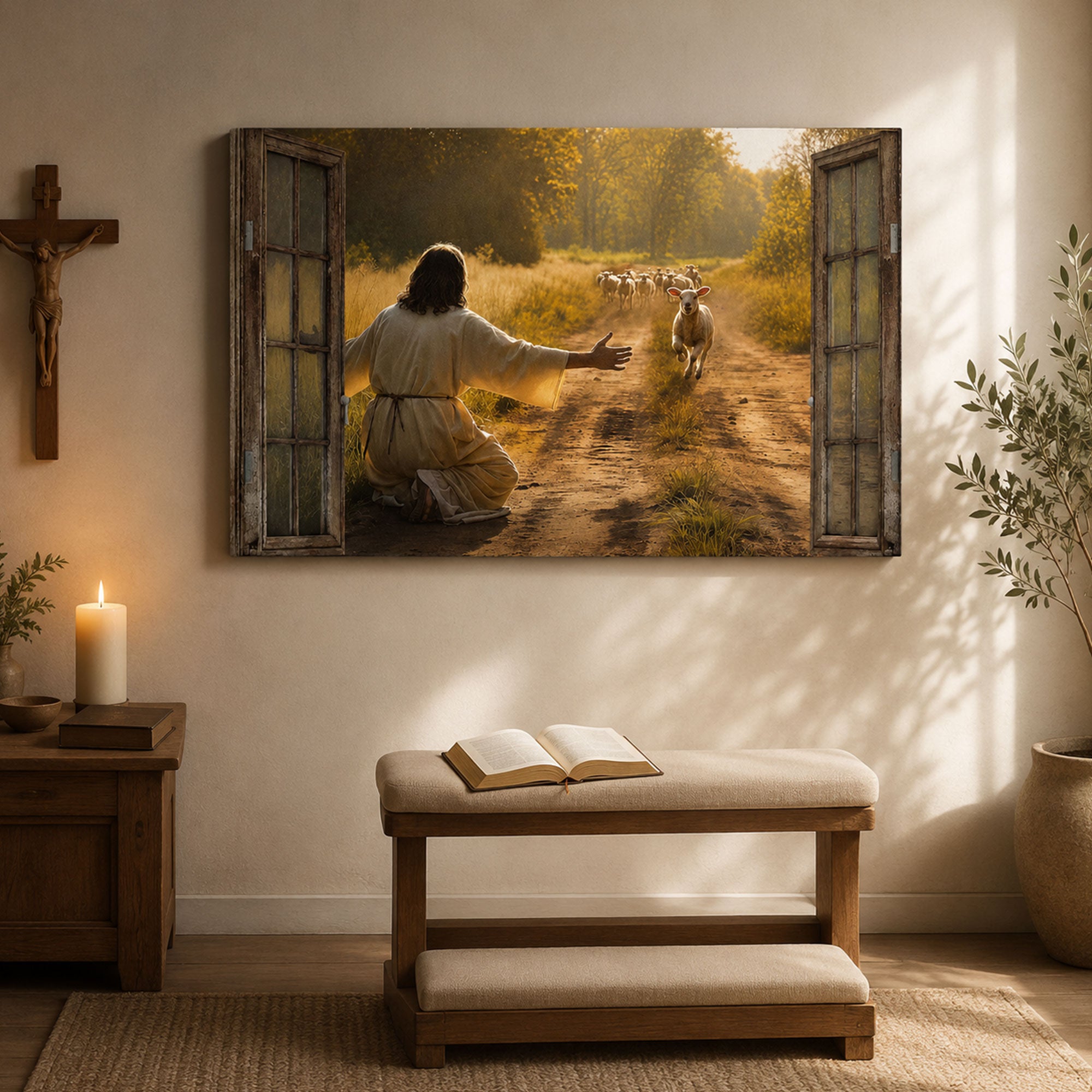 Good Shepherd Lost Sheep Canvas Print, Jesus Welcoming Lamb Christian Wall Art, Faith Home Decor