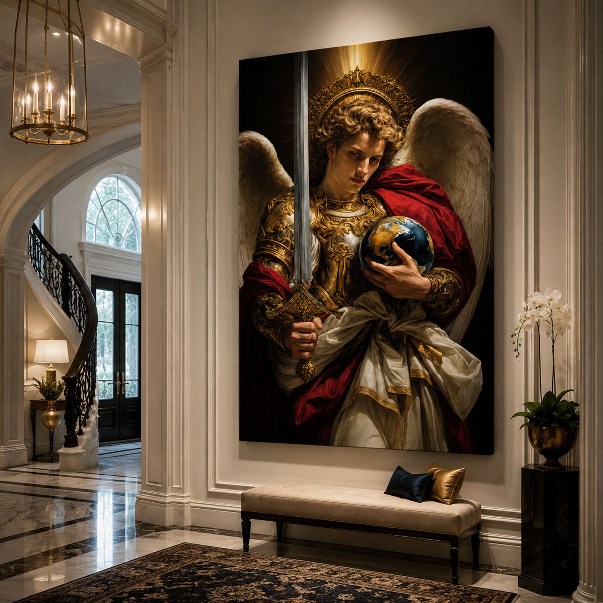 Saint Michael with Globe and Sword Canvas Print, Catholic Archangel Wall Art, Faith Home Decor Gift