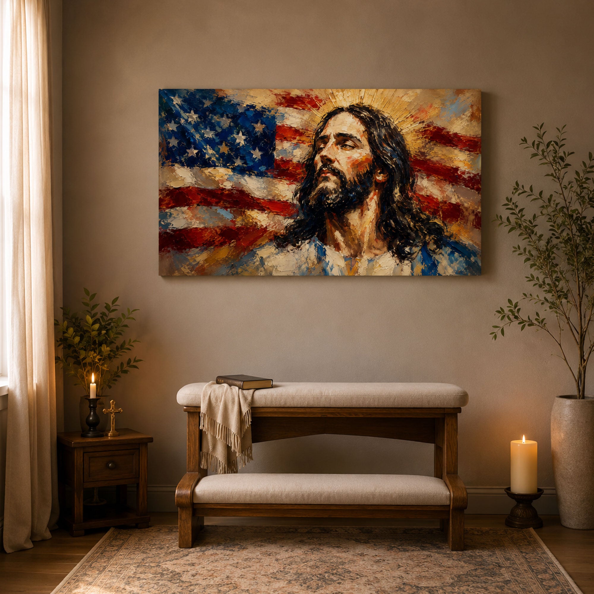 Jesus with American Flag Canvas Print, Patriotic Christian Wall Art, Faith and Freedom Home Decor