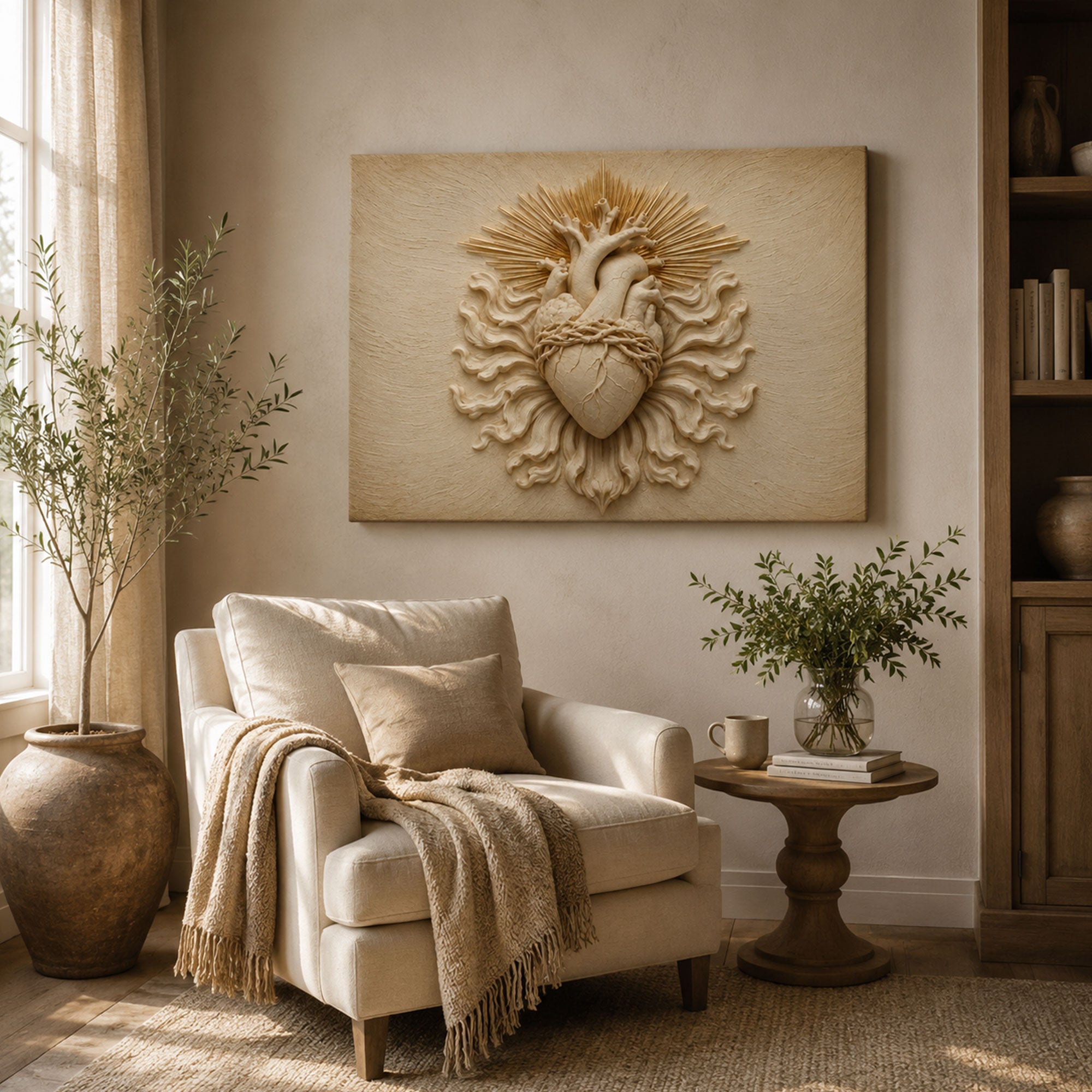 Sacred Heart of Jesus Panoramic Canvas Print, White Gold Catholic Wall Art, Faith Home Decor Gift