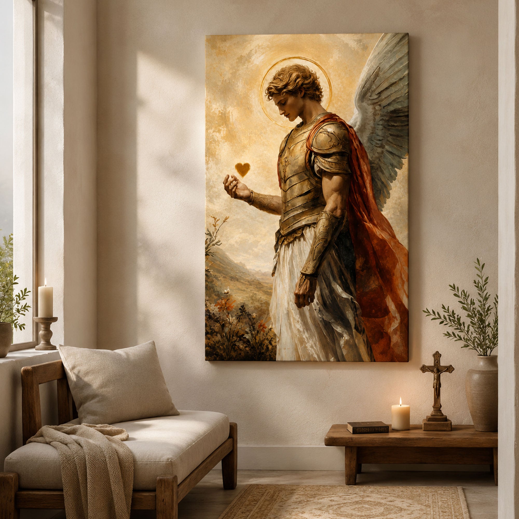 Archangel Holding Golden Heart Canvas Print, Catholic Christian Wall Art, Heavenly Faith Home Decor