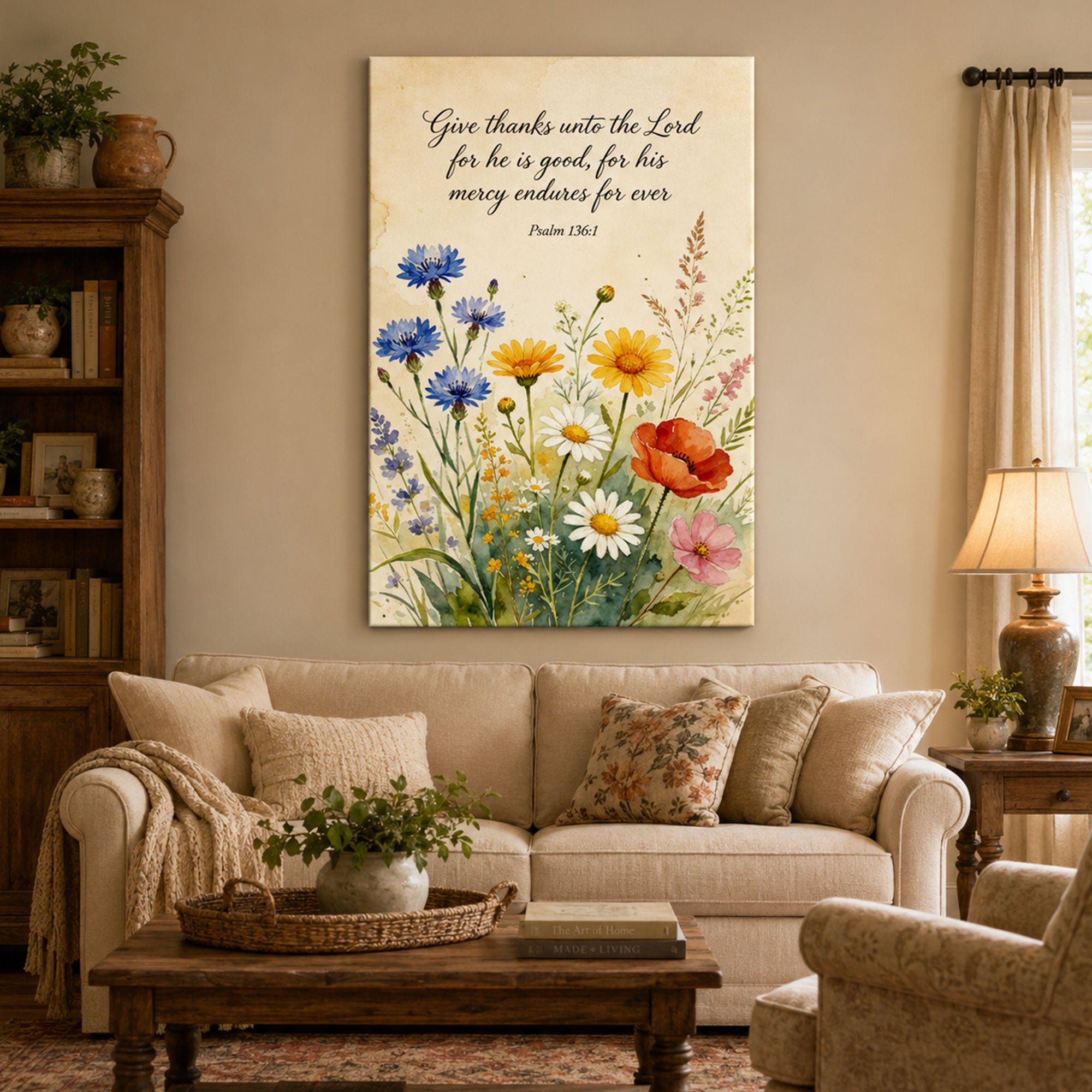 Psalm 136:1 Wildflowers Christian Canvas Print, Give Thanks to the Lord Scripture Wall Art, Religious Home Decor Gift