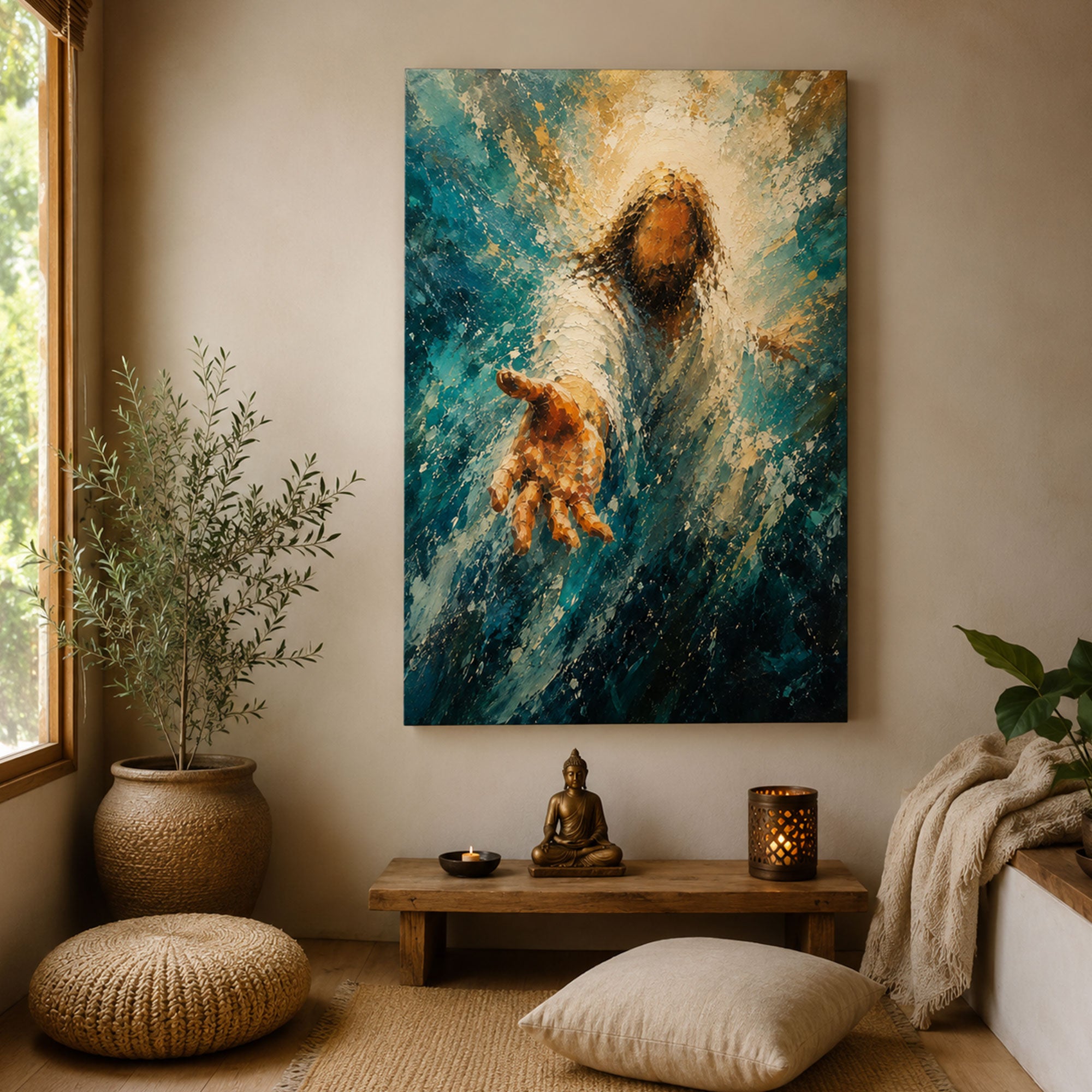 Jesus Reaching Out Canvas Print, Stormy Sea Christian Wall Art, Faith and Hope Home Decor